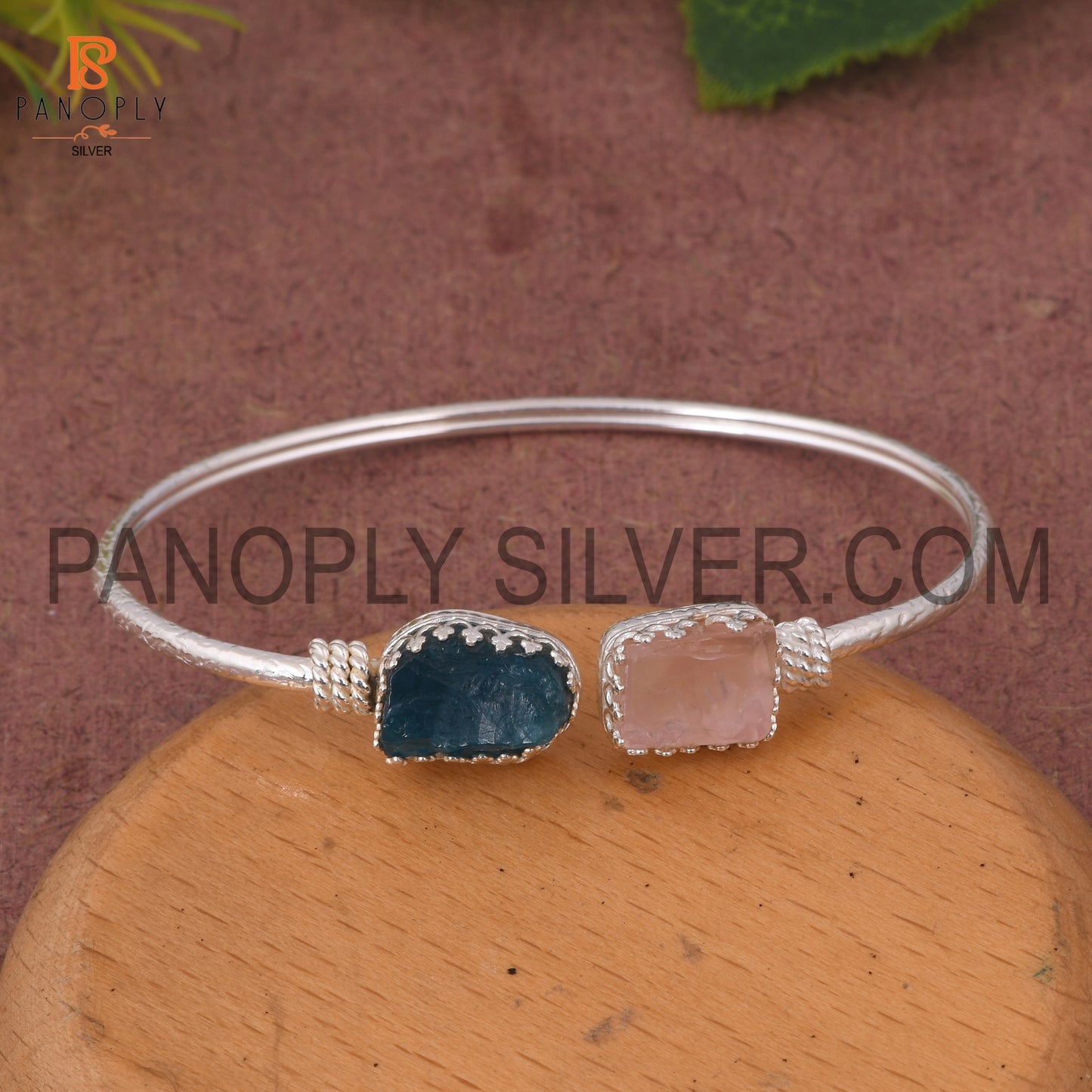Neon Apatite & Rose Quartz Rough 925 Quality Silver Bangle