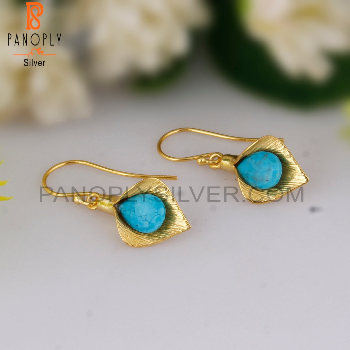 18K Yellow Gold Plated 925 Silver Gift Turquoise Earrings