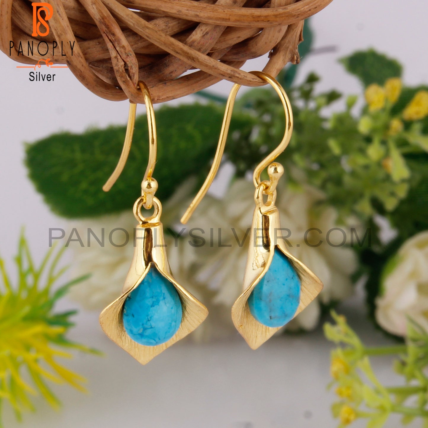 18K Yellow Gold Plated 925 Silver Gift Turquoise Earrings