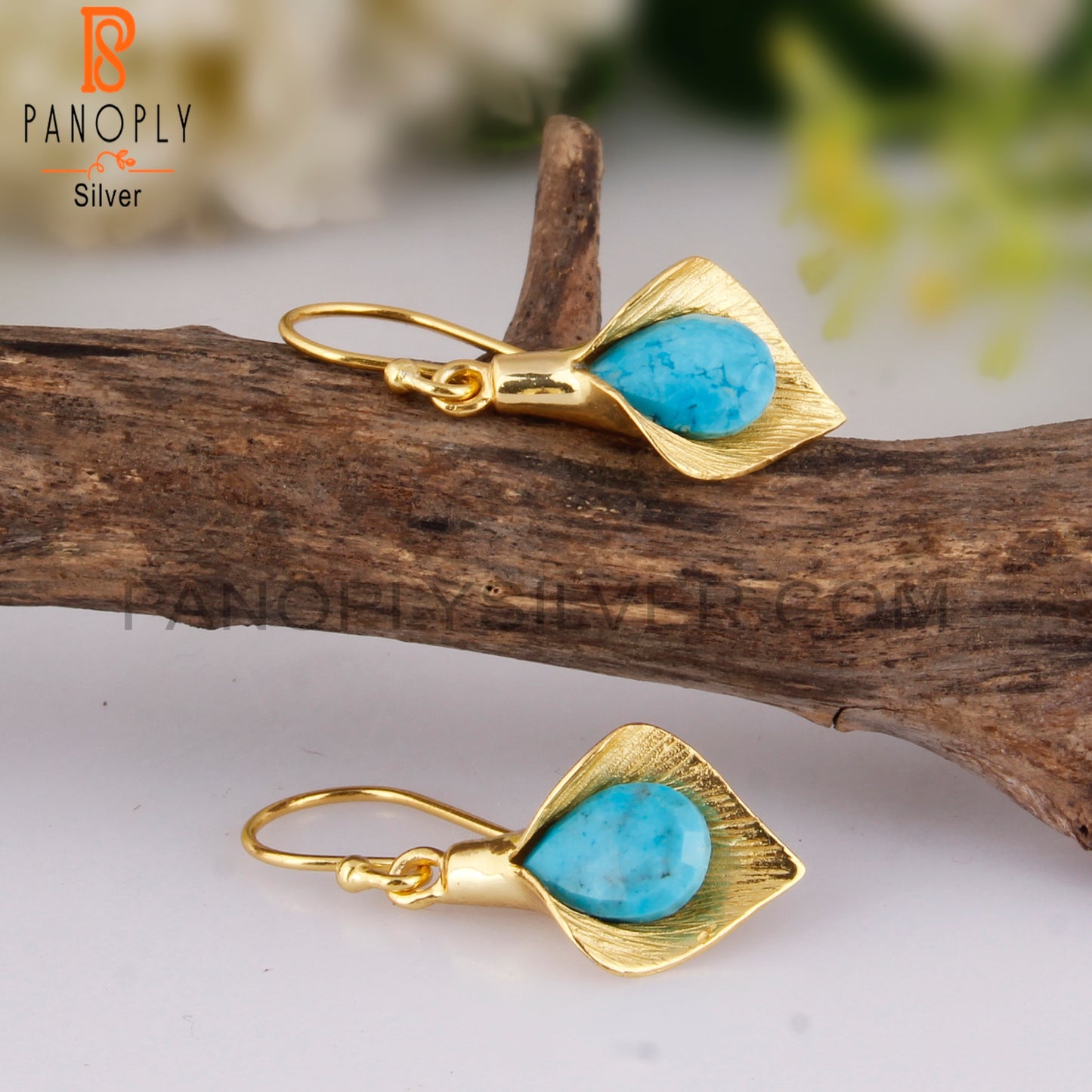 18K Yellow Gold Plated 925 Silver Gift Turquoise Earrings
