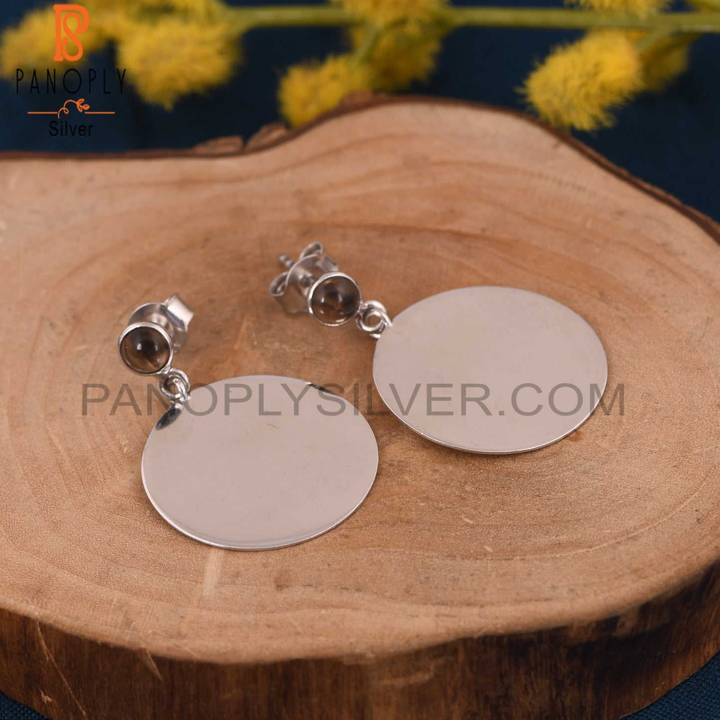 Round Disc 925 Silver Smoky Quartz Gemstone Earrings
