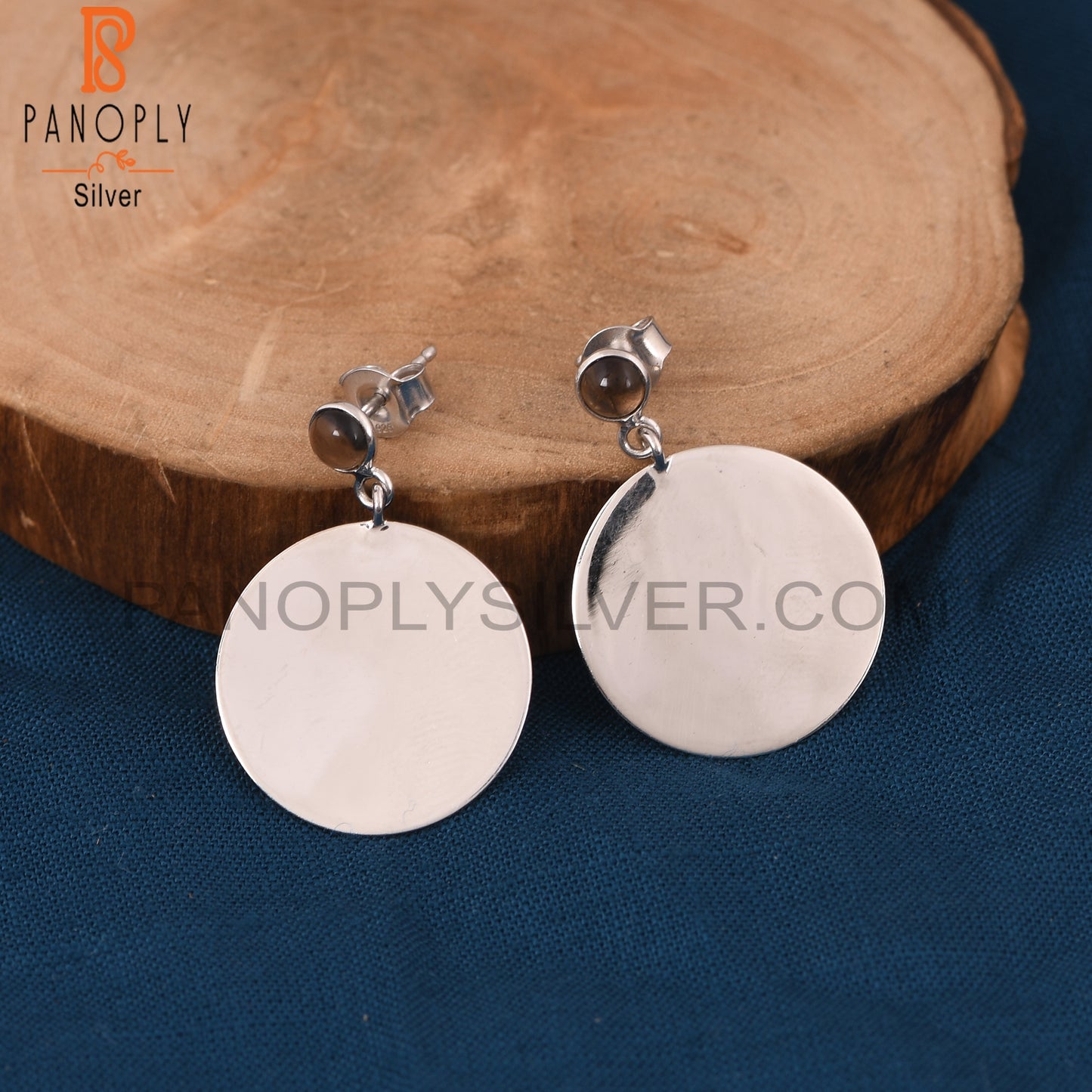 Round Disc 925 Silver Smoky Quartz Gemstone Earrings