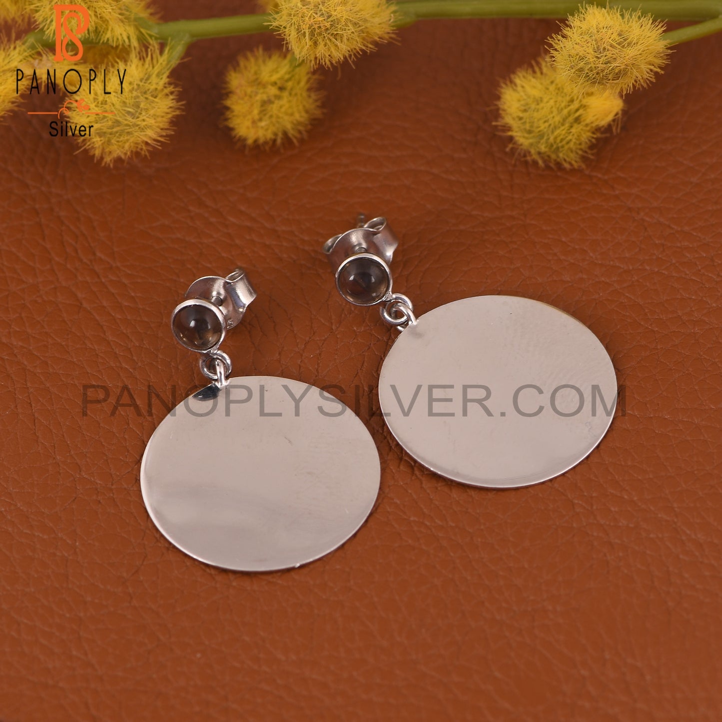 Round Disc 925 Silver Smoky Quartz Gemstone Earrings