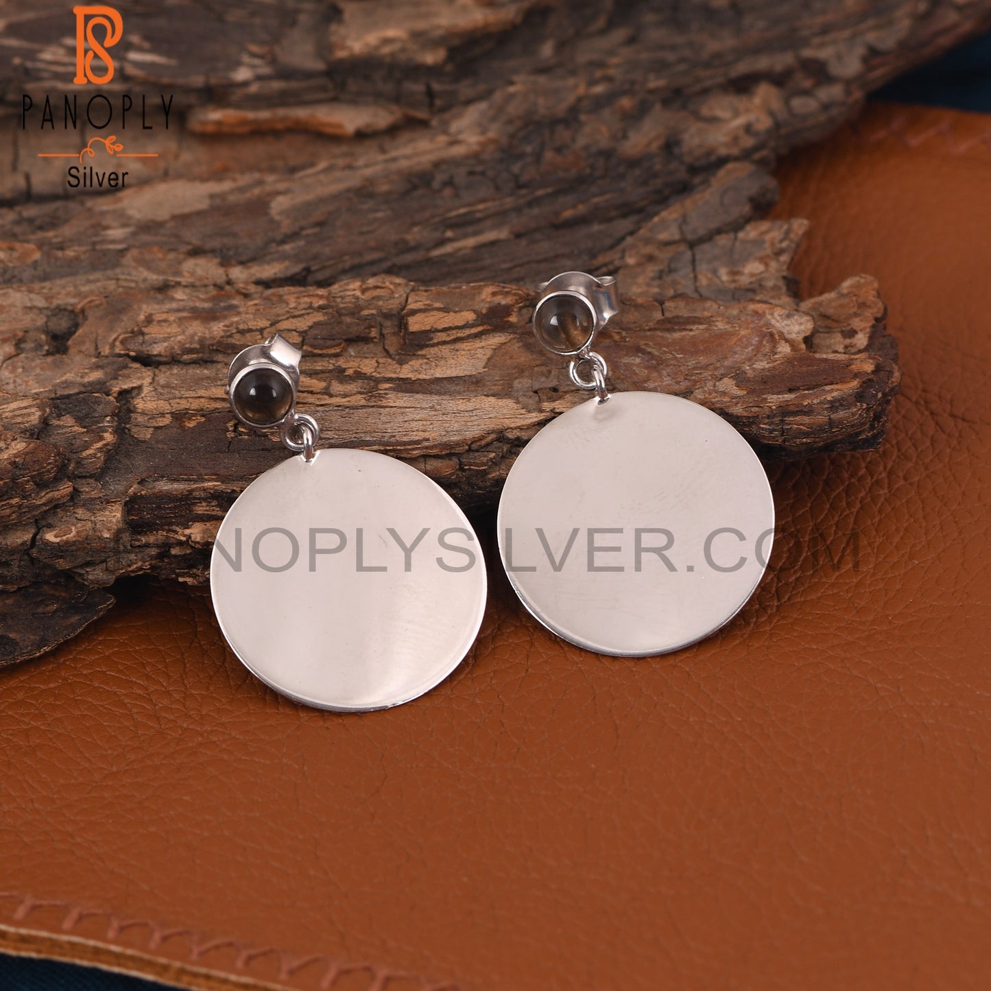 Round Disc 925 Silver Smoky Quartz Gemstone Earrings