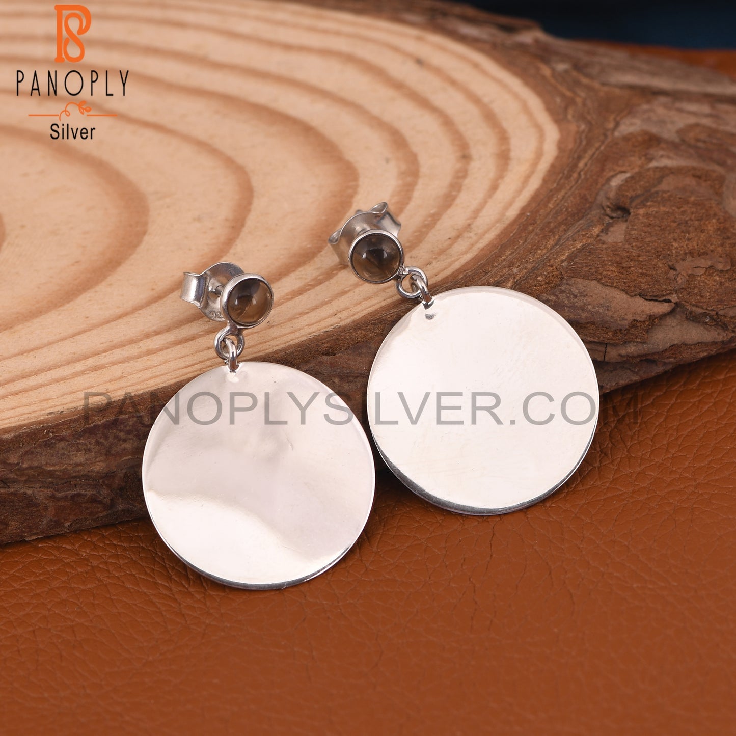 Round Disc 925 Silver Smoky Quartz Gemstone Earrings