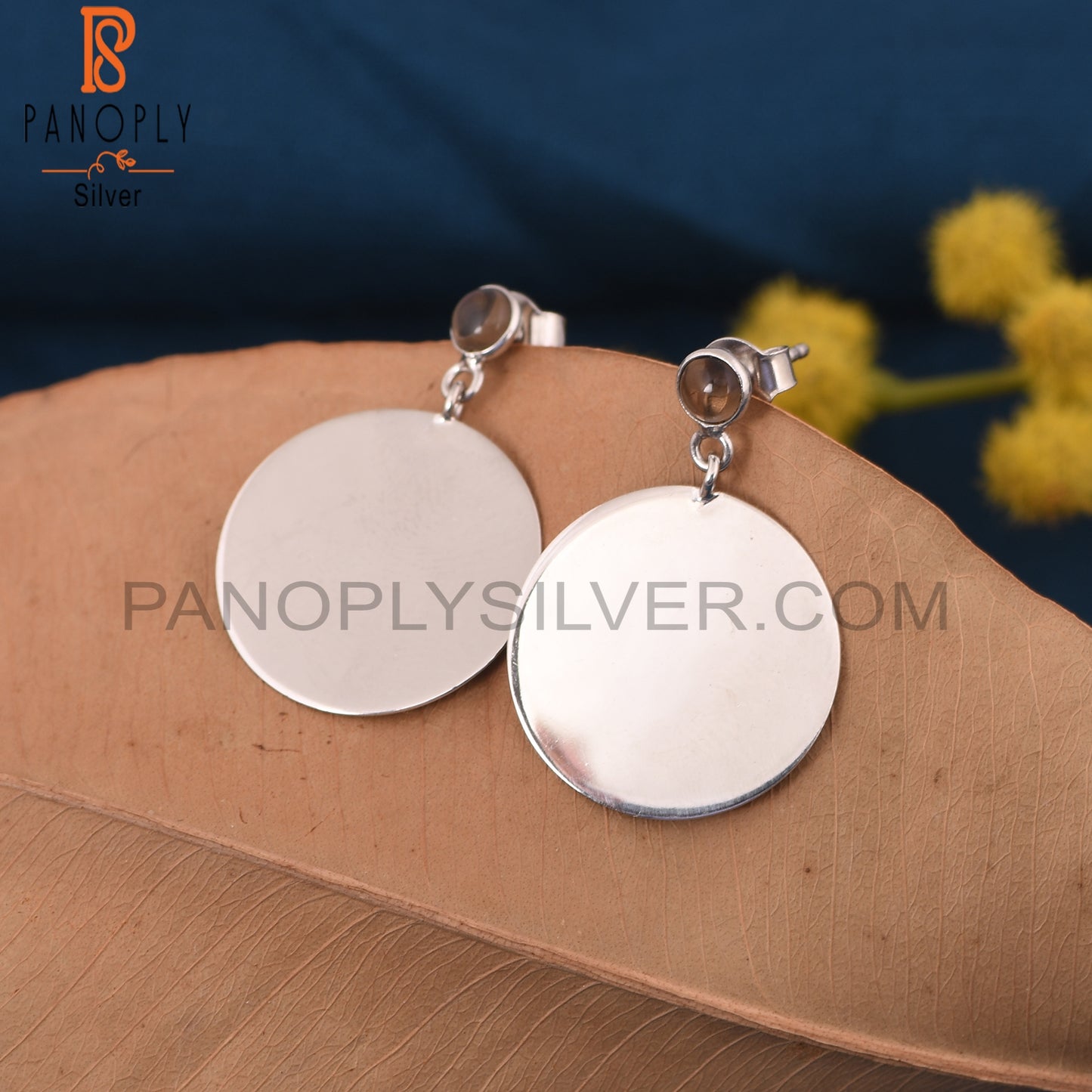Round Disc 925 Silver Smoky Quartz Gemstone Earrings
