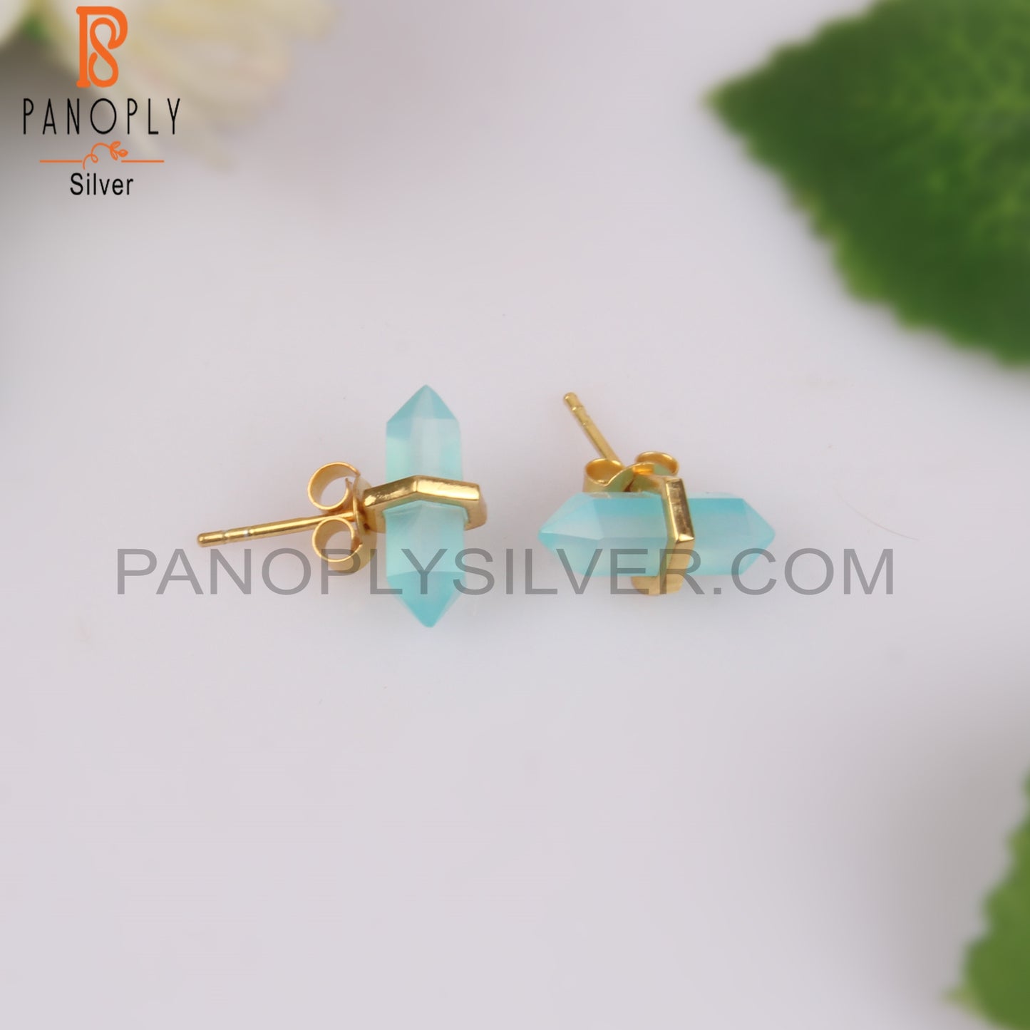 Aqua Chalcedony Terminated Pencil Post 925 Silver Earrings