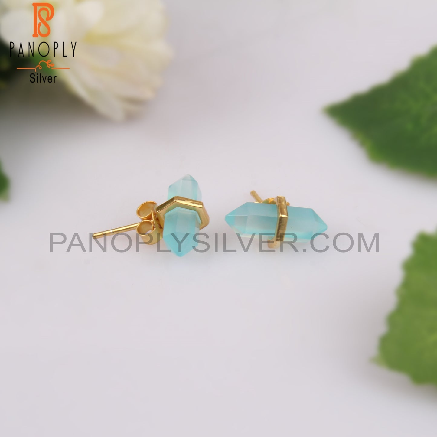 Aqua Chalcedony Terminated Pencil Post 925 Silver Earrings