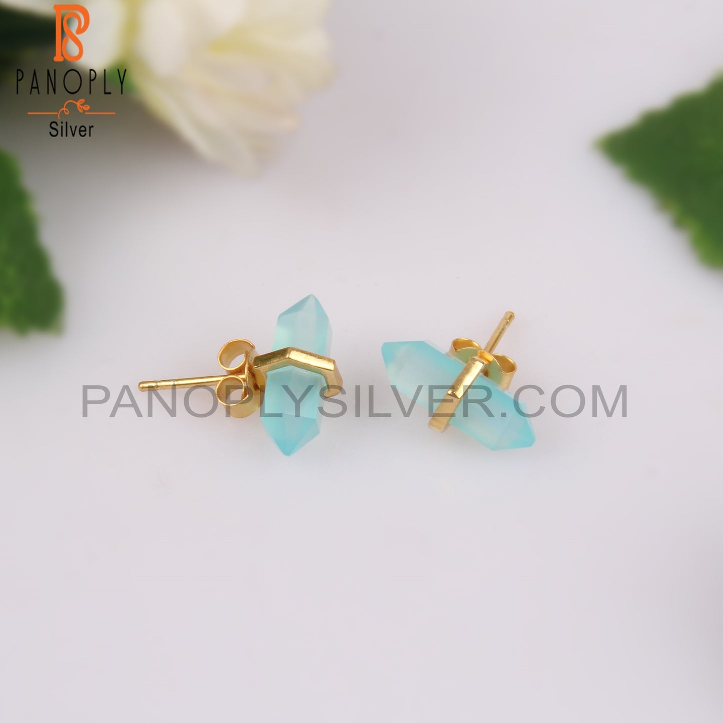 Aqua Chalcedony Terminated Pencil Post 925 Silver Earrings