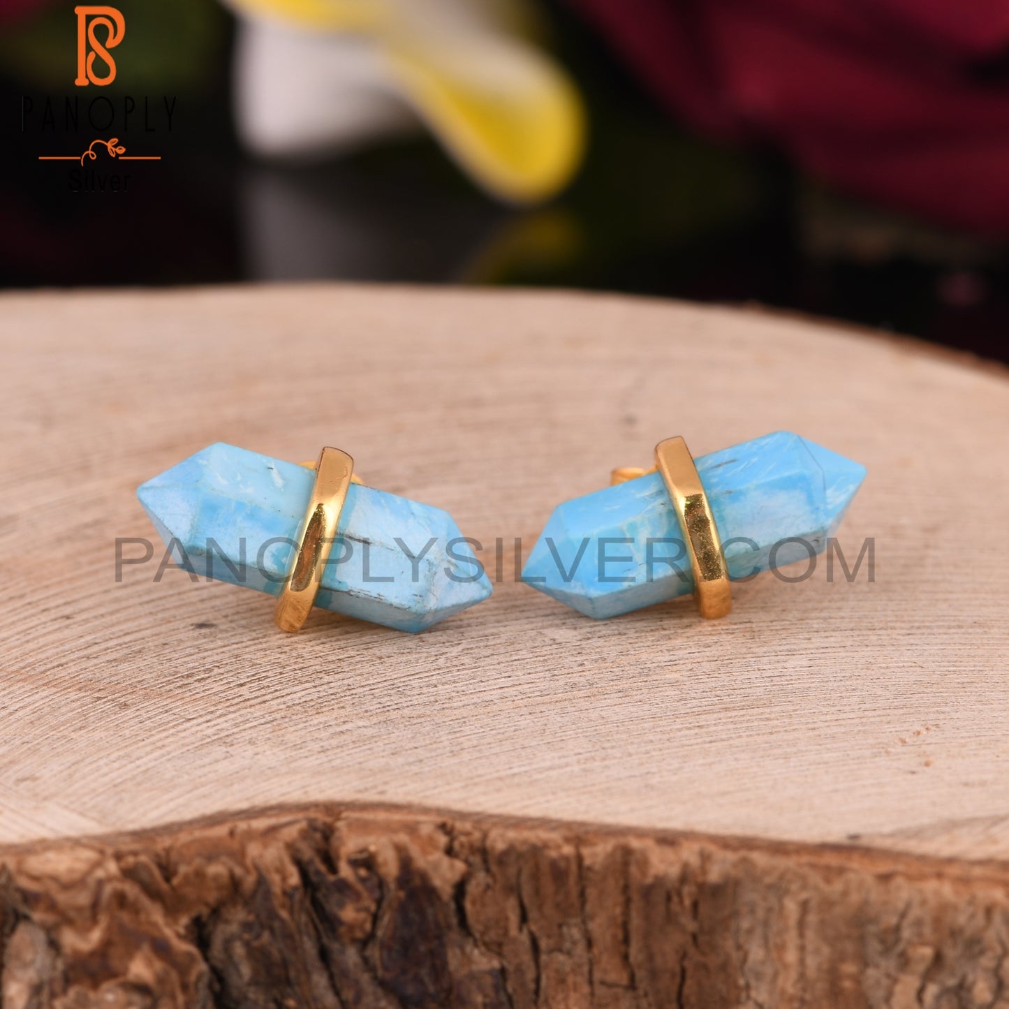 Handcrafted Turquoise Pencil Gold 925 Silver Earrings