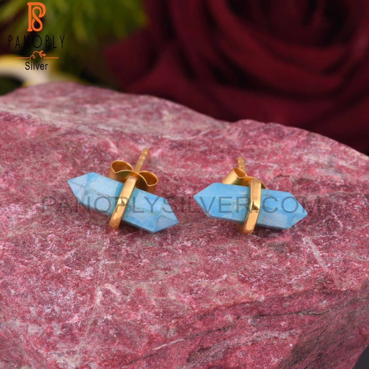 Handcrafted Turquoise Pencil Gold 925 Silver Earrings