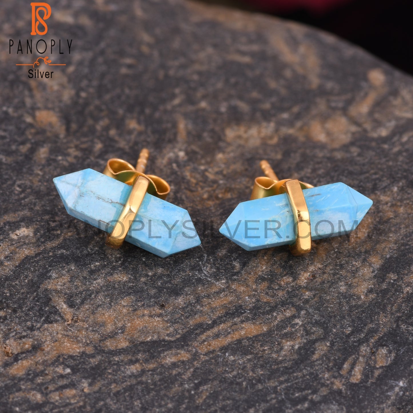 Handcrafted Turquoise Pencil Gold 925 Silver Earrings
