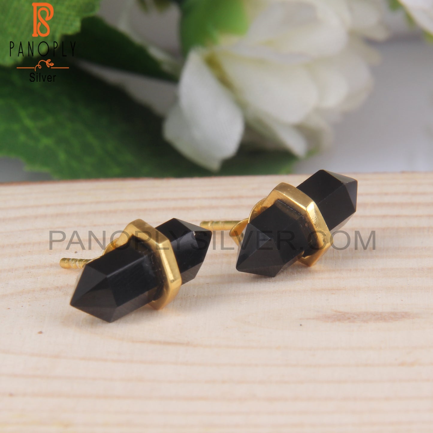Black Onyx Terminated Gold Plated Sterling Silver Earrings