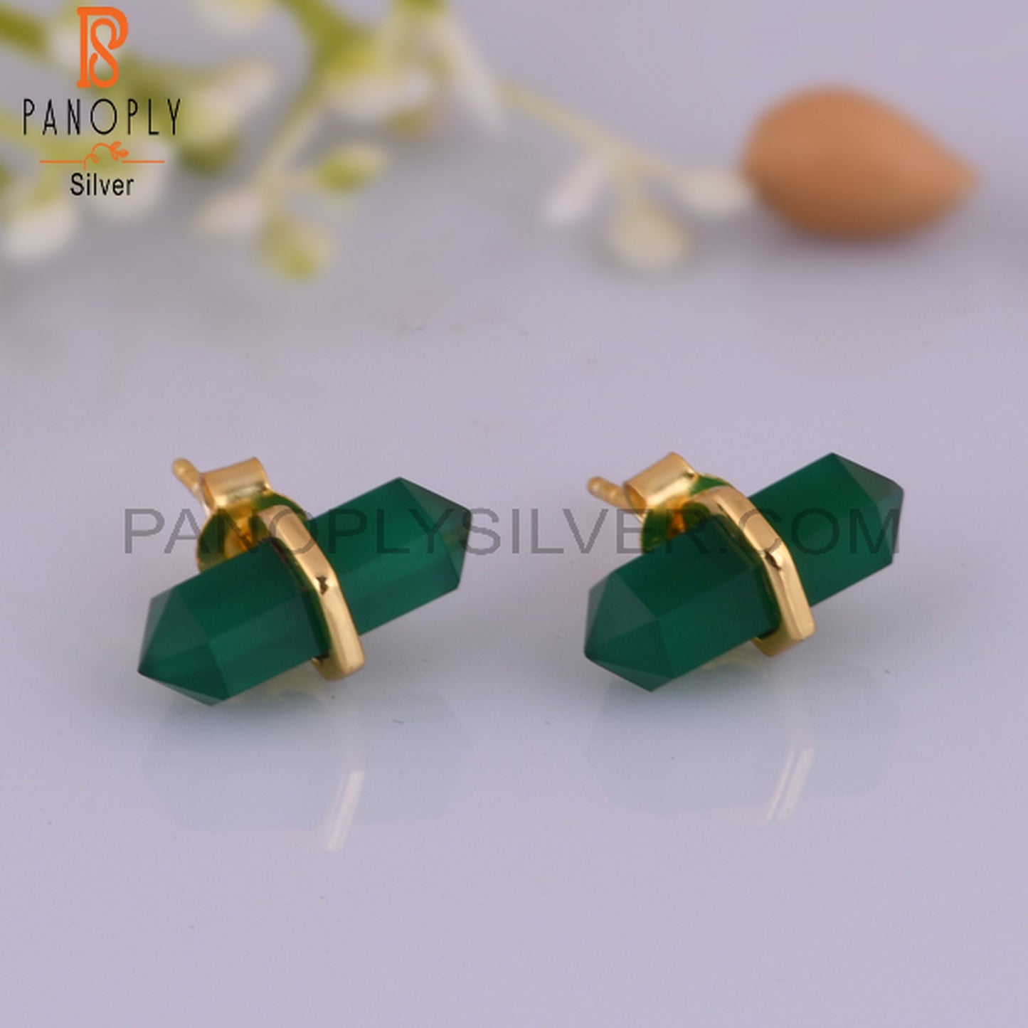 Green Onyx Terminated Pencil Post 925 Silver Earring