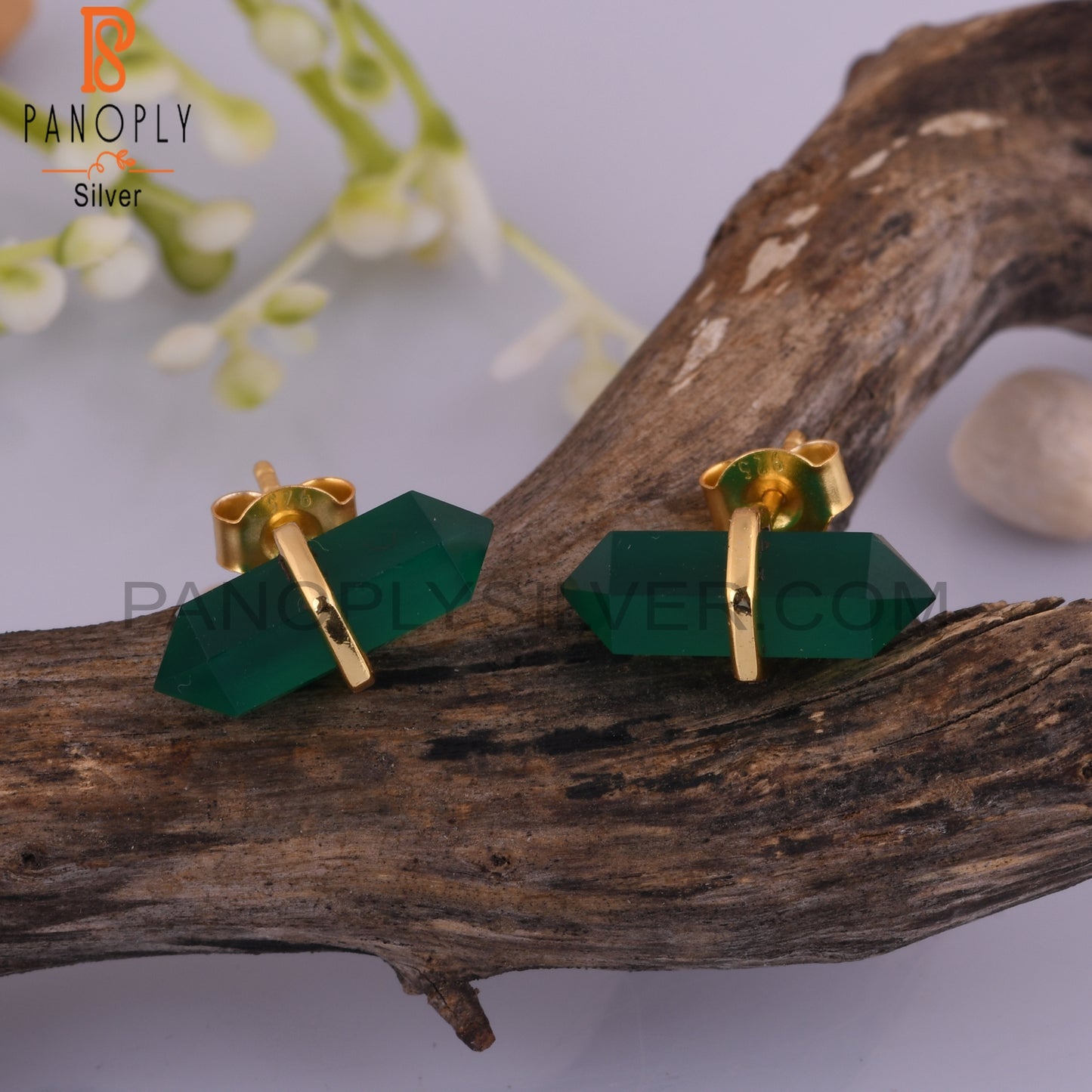 Green Onyx Terminated Pencil Post 925 Silver Earring