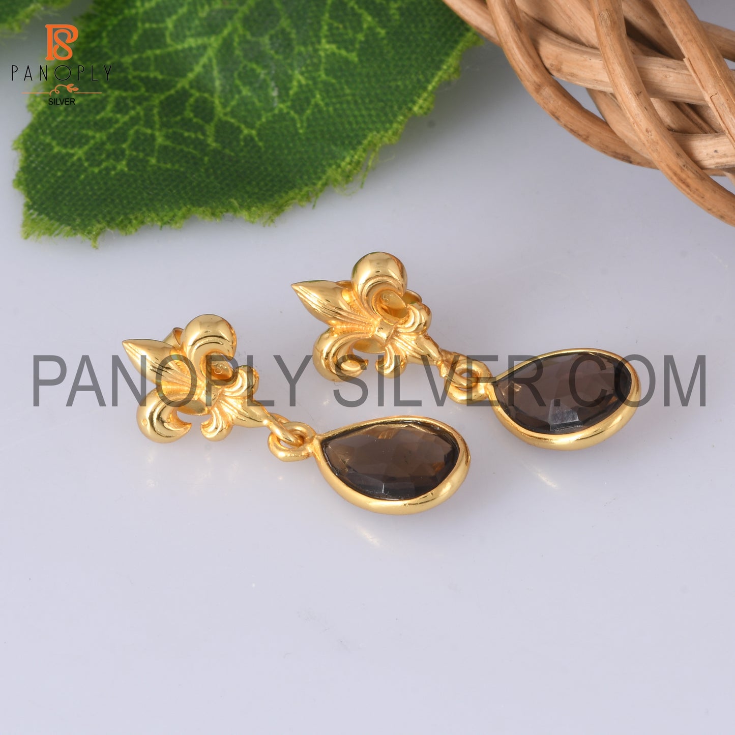 Smoky Fleur De Lis Post 14K Gold Plated Sterling Silver Drop Earring