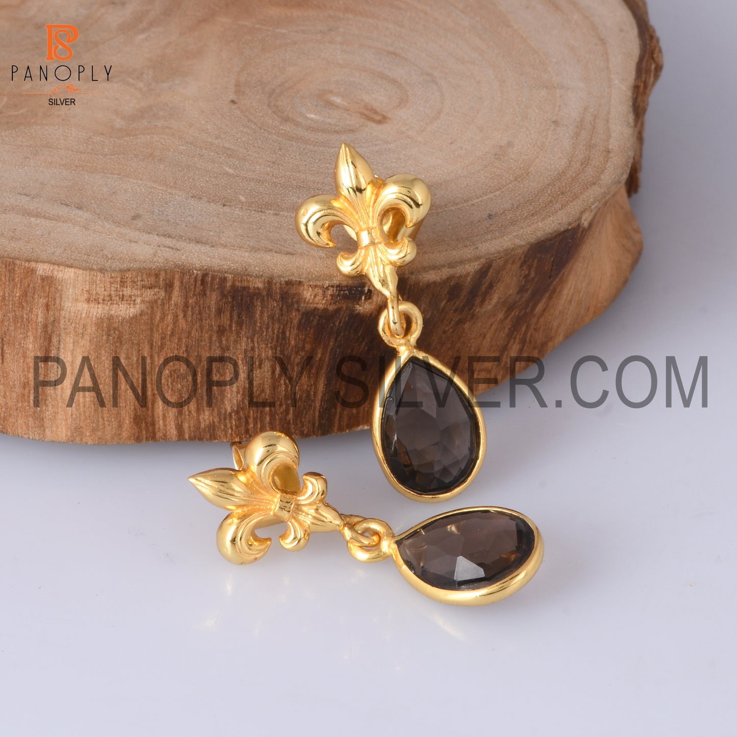 Smoky Fleur De Lis Post 14K Gold Plated Sterling Silver Drop Earring