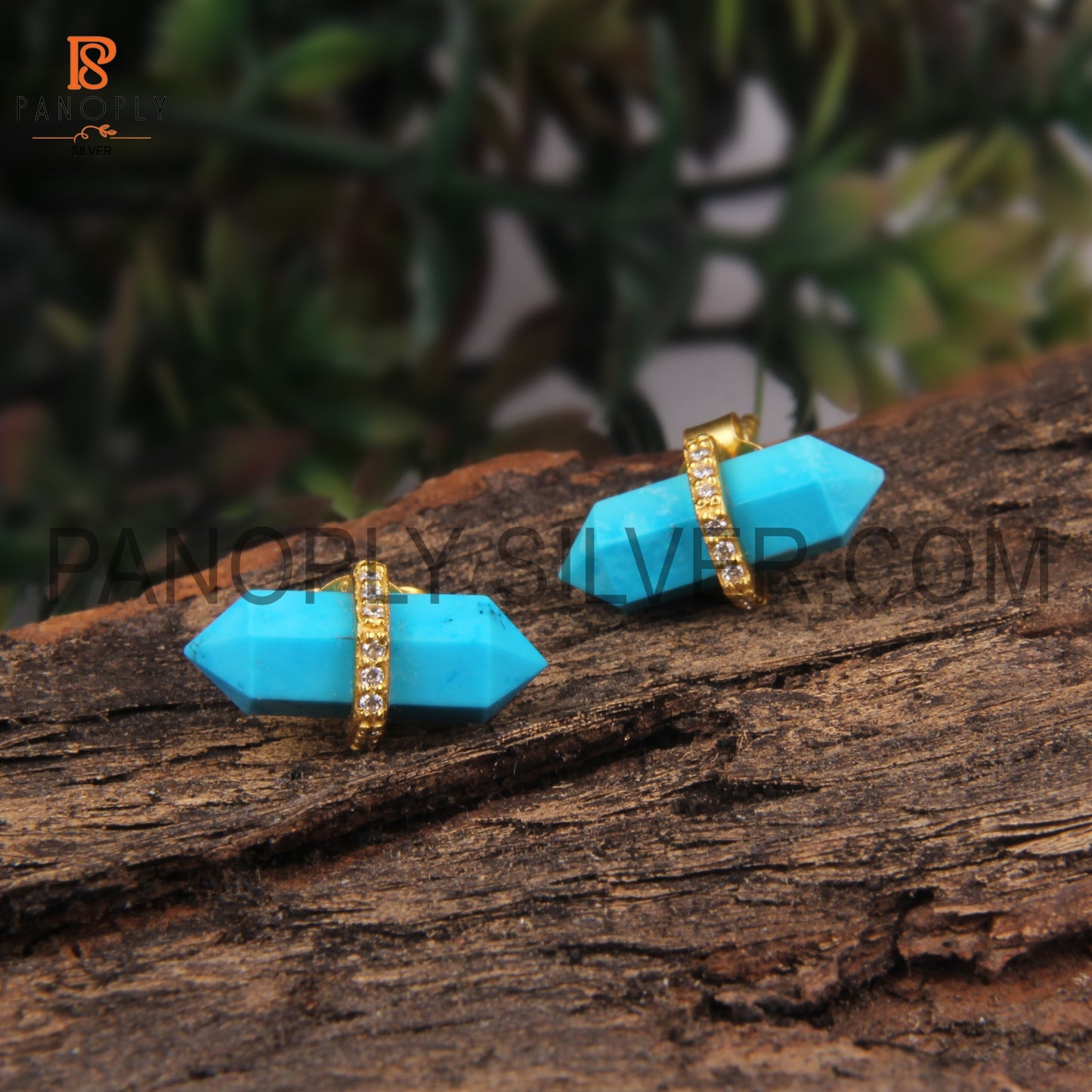 Pencil Shape Bar Small Turquoise & CZ Stud Earrings