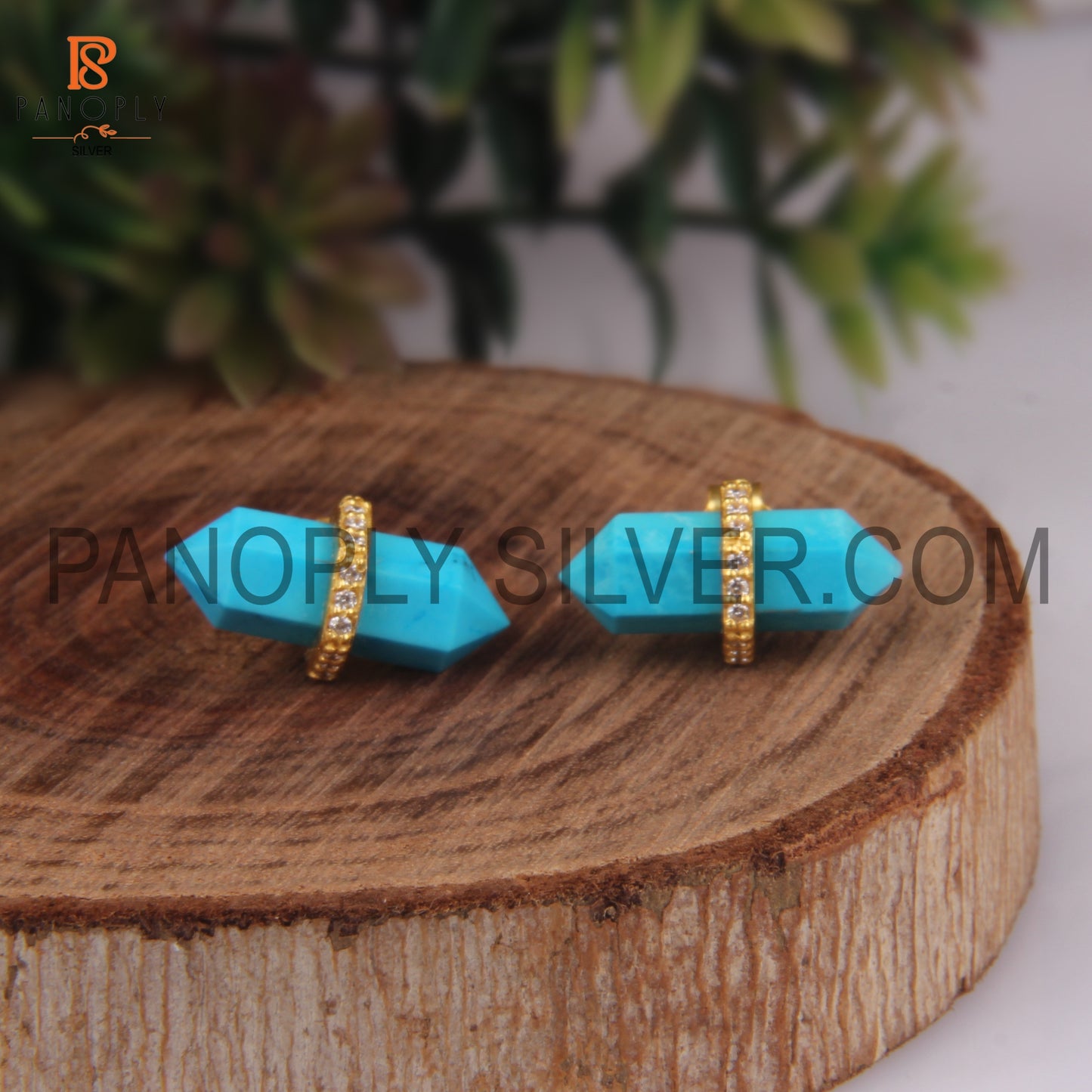 Pencil Shape Bar Small Turquoise & CZ Stud Earrings