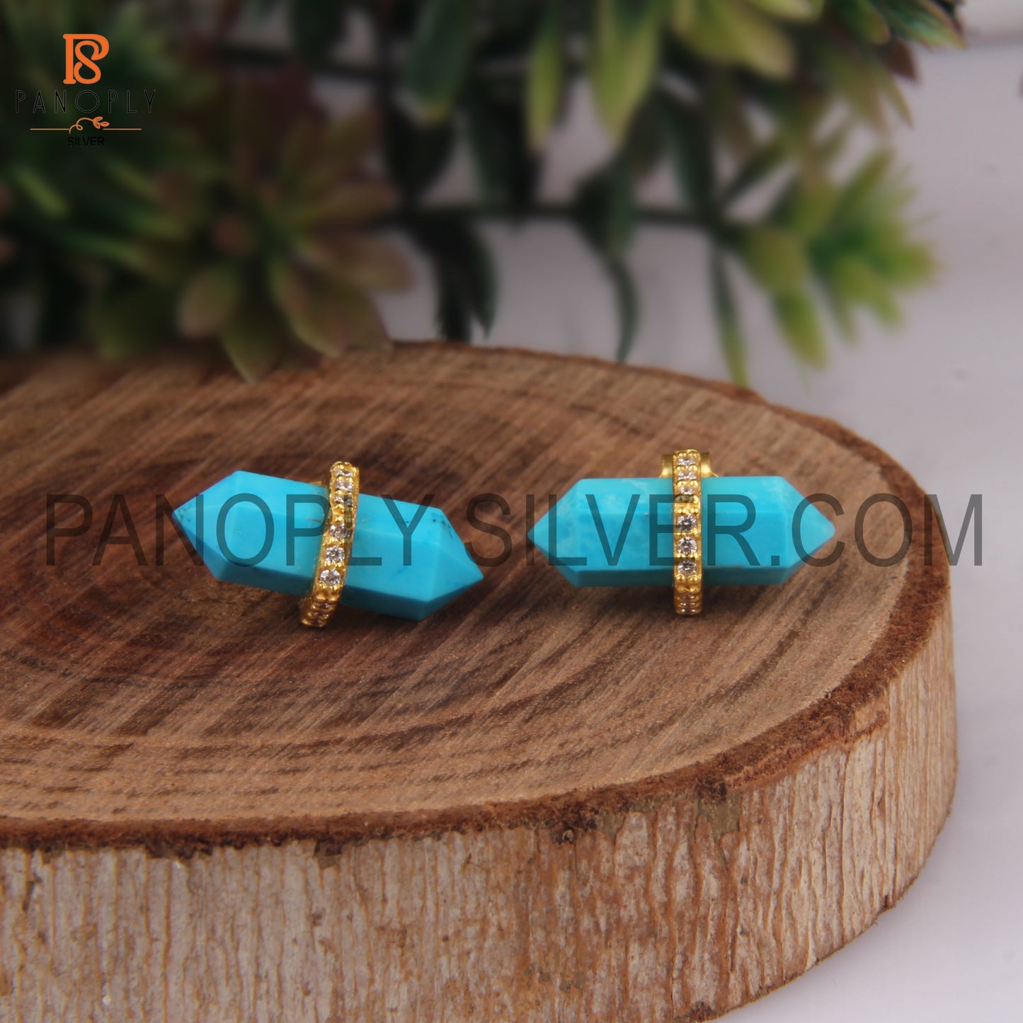 Pencil Shape Bar Small Turquoise & CZ Stud Earrings
