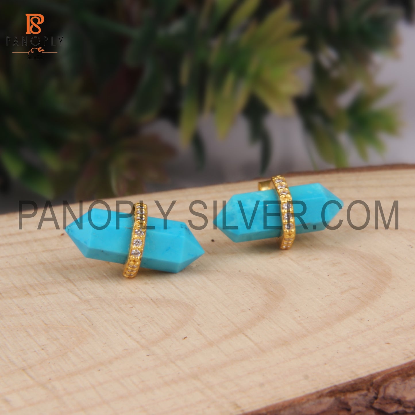 Pencil Shape Bar Small Turquoise & CZ Stud Earrings