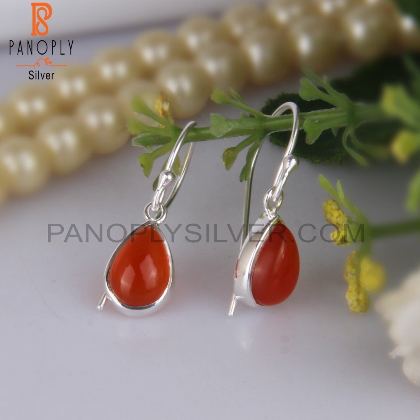 Cabushion Cut Carnlian Chalcedony Silver Earwire Earrings