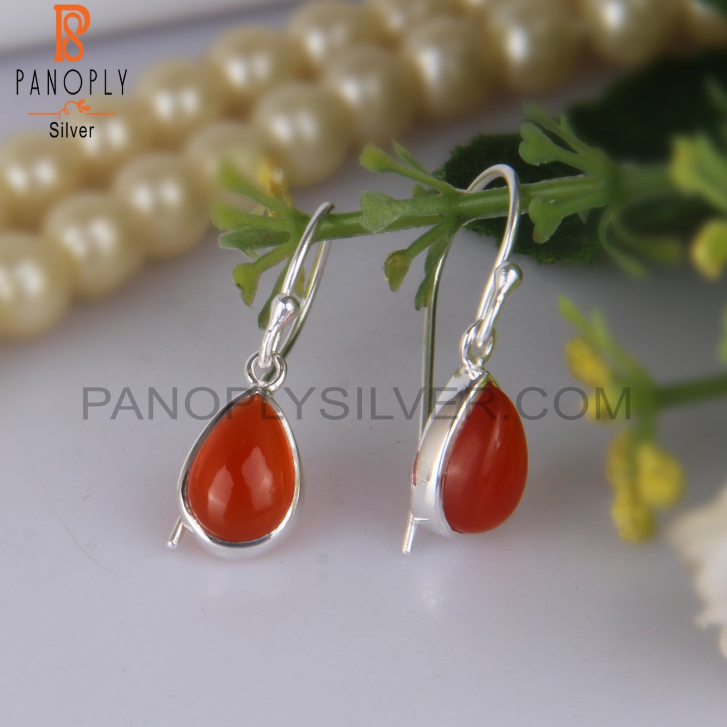 Cabushion Cut Carnlian Chalcedony Silver Earwire Earrings