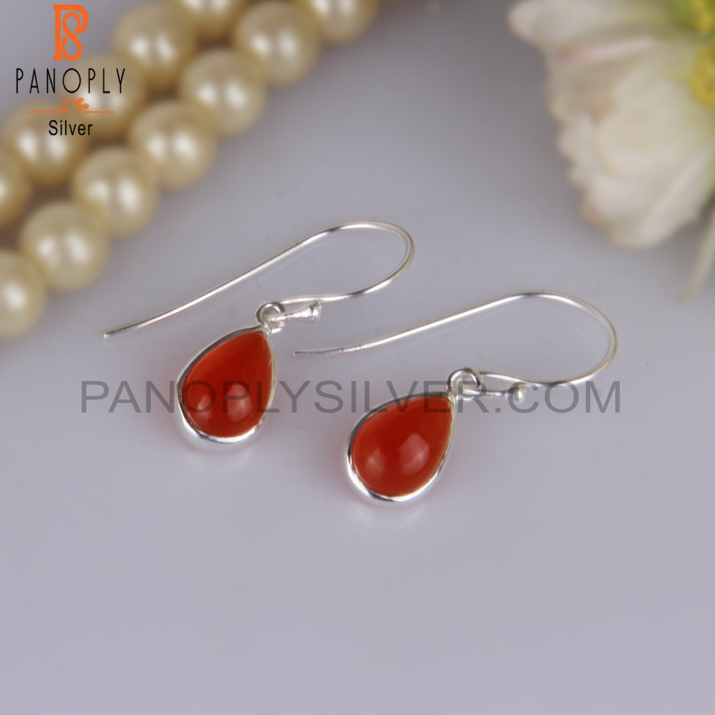 Cabushion Cut Carnlian Chalcedony Silver Earwire Earrings