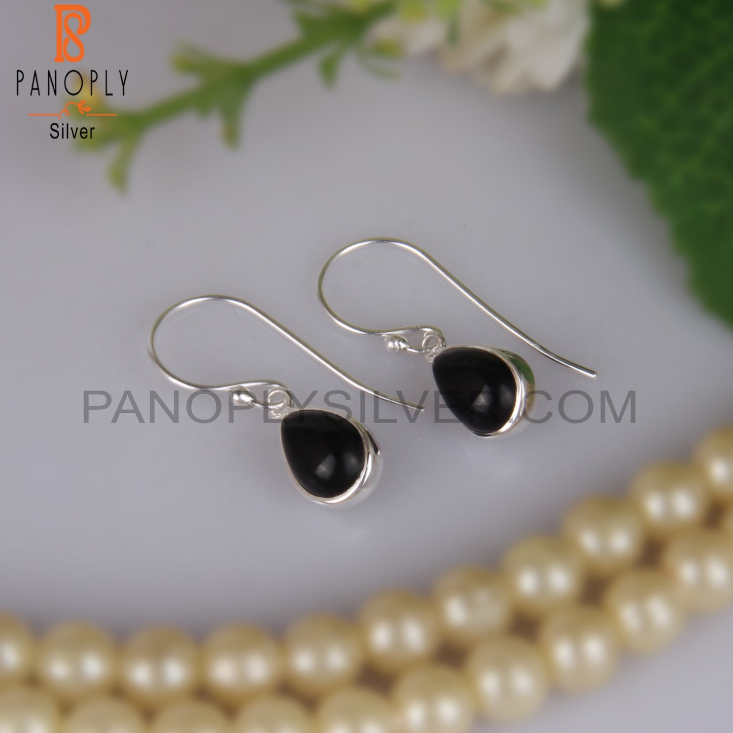 Pear Cut Black Onyx 925 Silver Earwire Silver Earrings