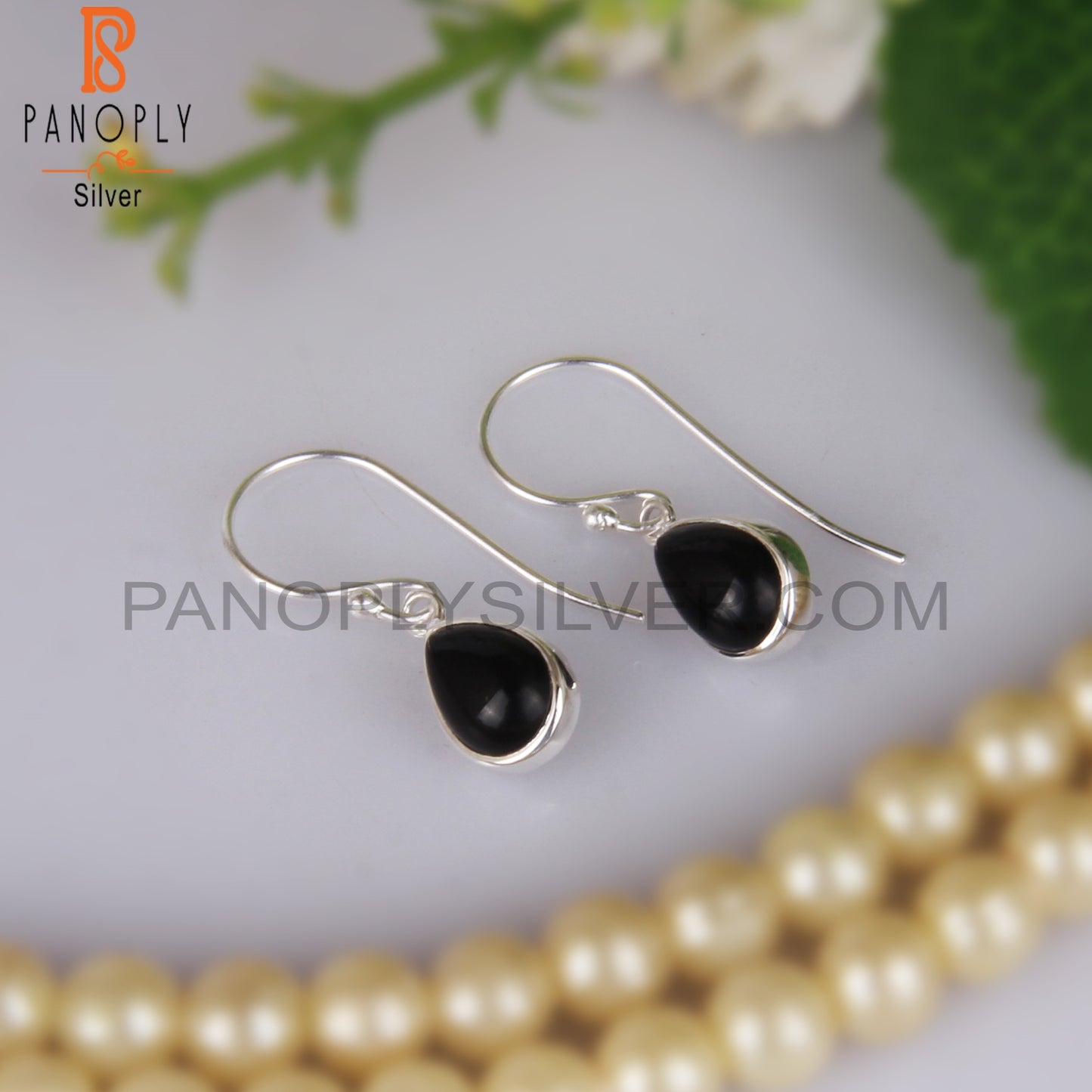 Pear Cut Black Onyx 925 Silver Earwire Silver Earrings