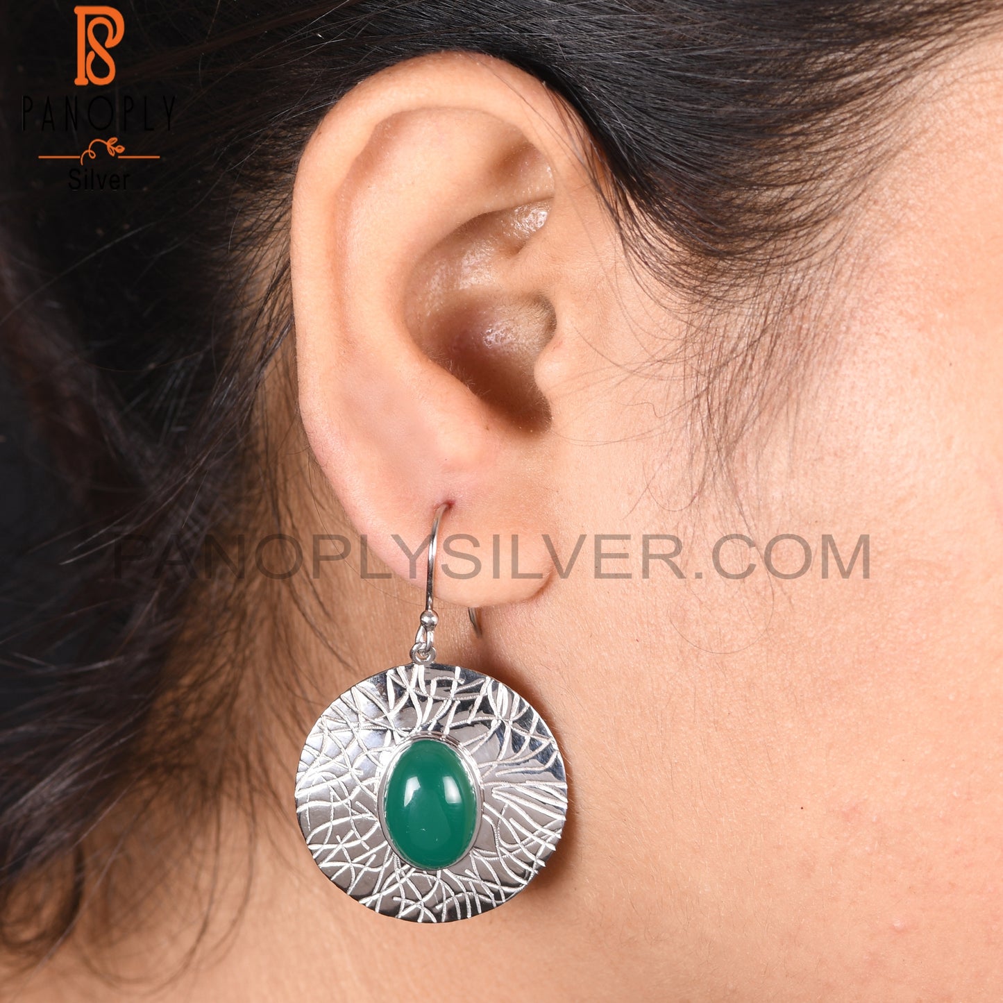 Green Onyx Gemstone 925 Silver White Disc Earrings