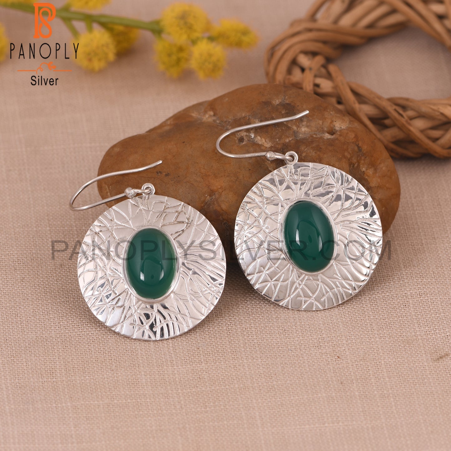 Green Onyx Gemstone 925 Silver White Disc Earrings