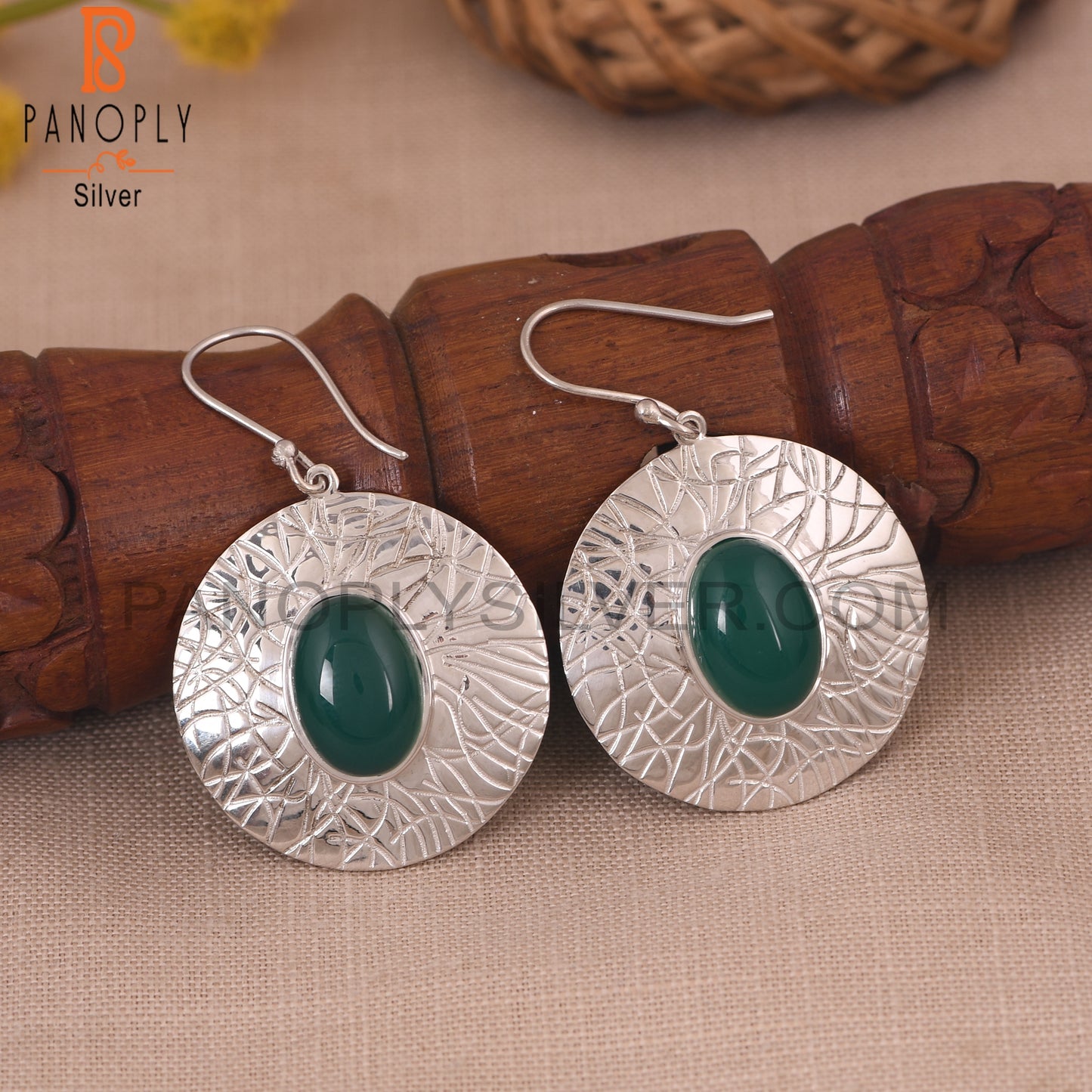 Green Onyx Gemstone 925 Silver White Disc Earrings