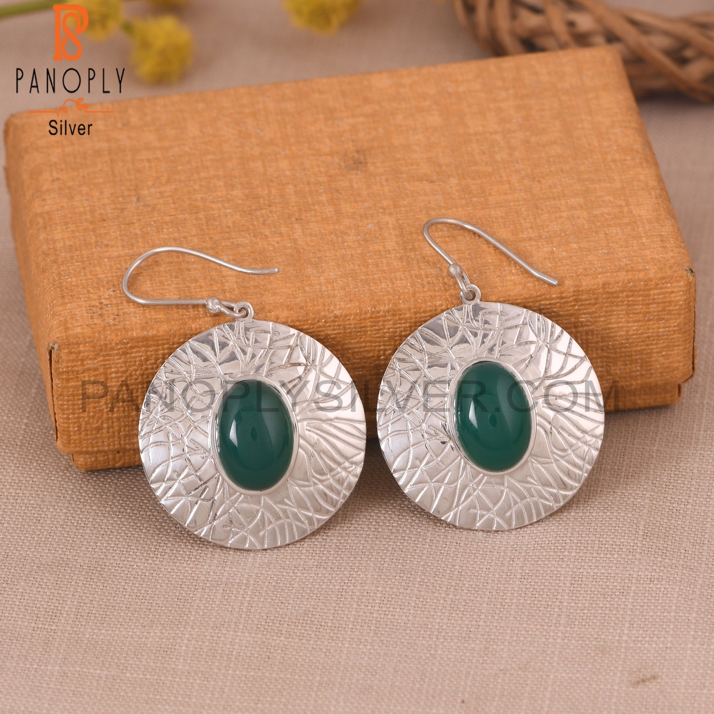 Green Onyx Gemstone 925 Silver White Disc Earrings