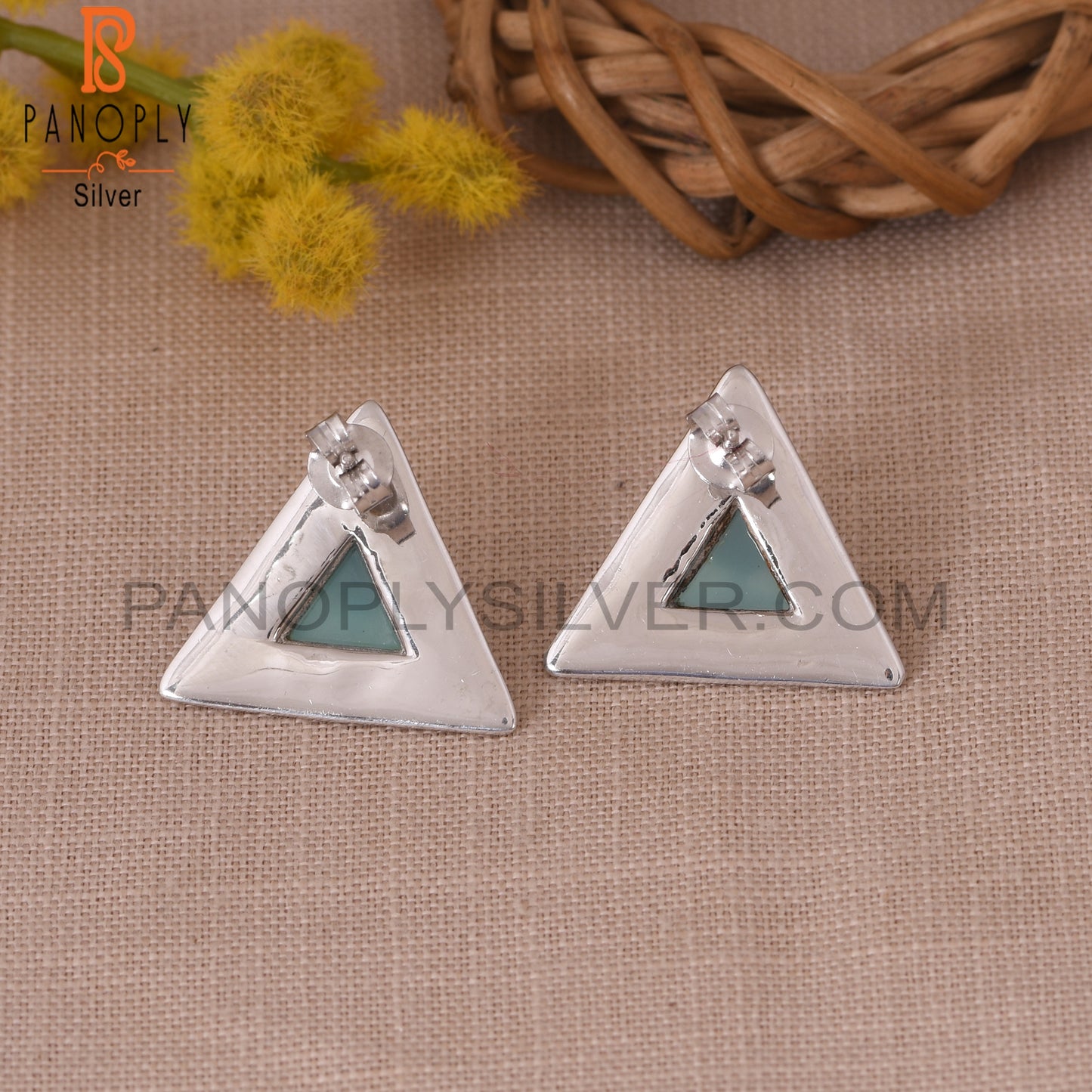 Triangle 925 Silver Blue Chalcedony Pyramid Stud Earring