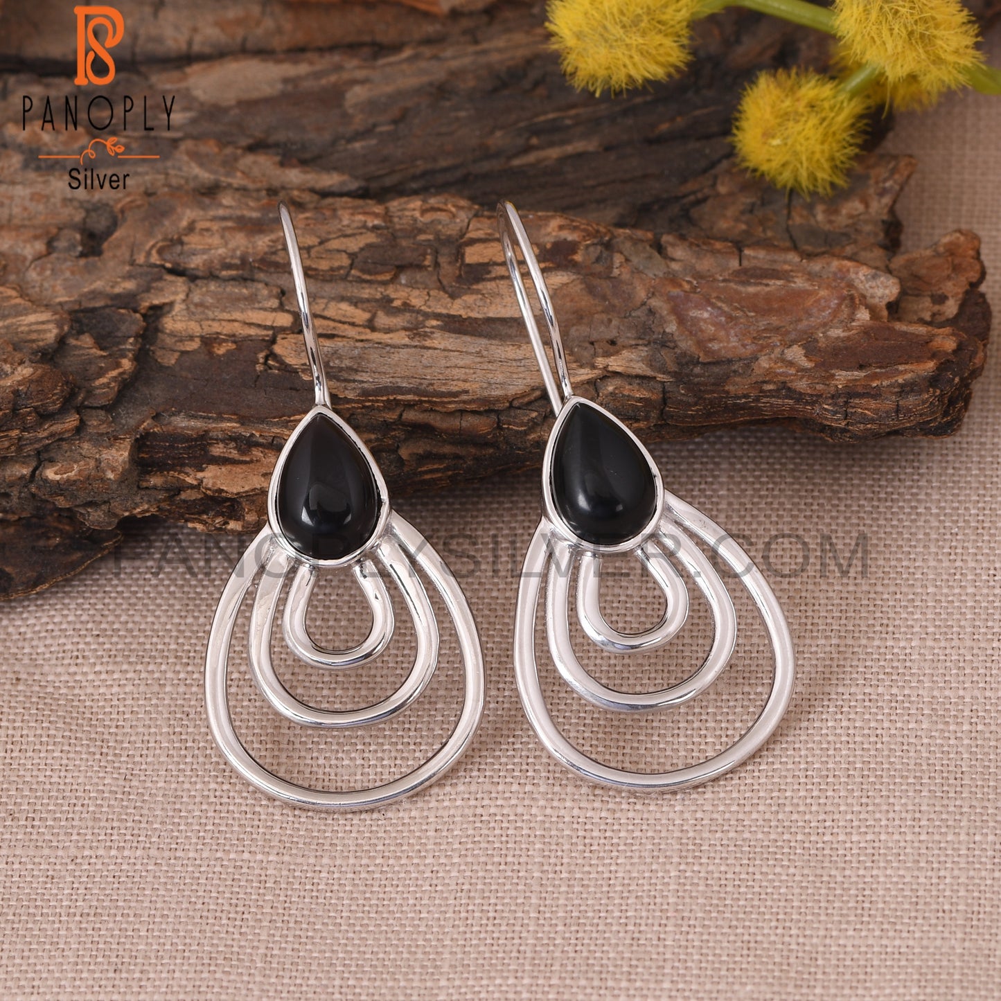 Genuine Black Onyx 925 Silver Concentric Hoop Earrings