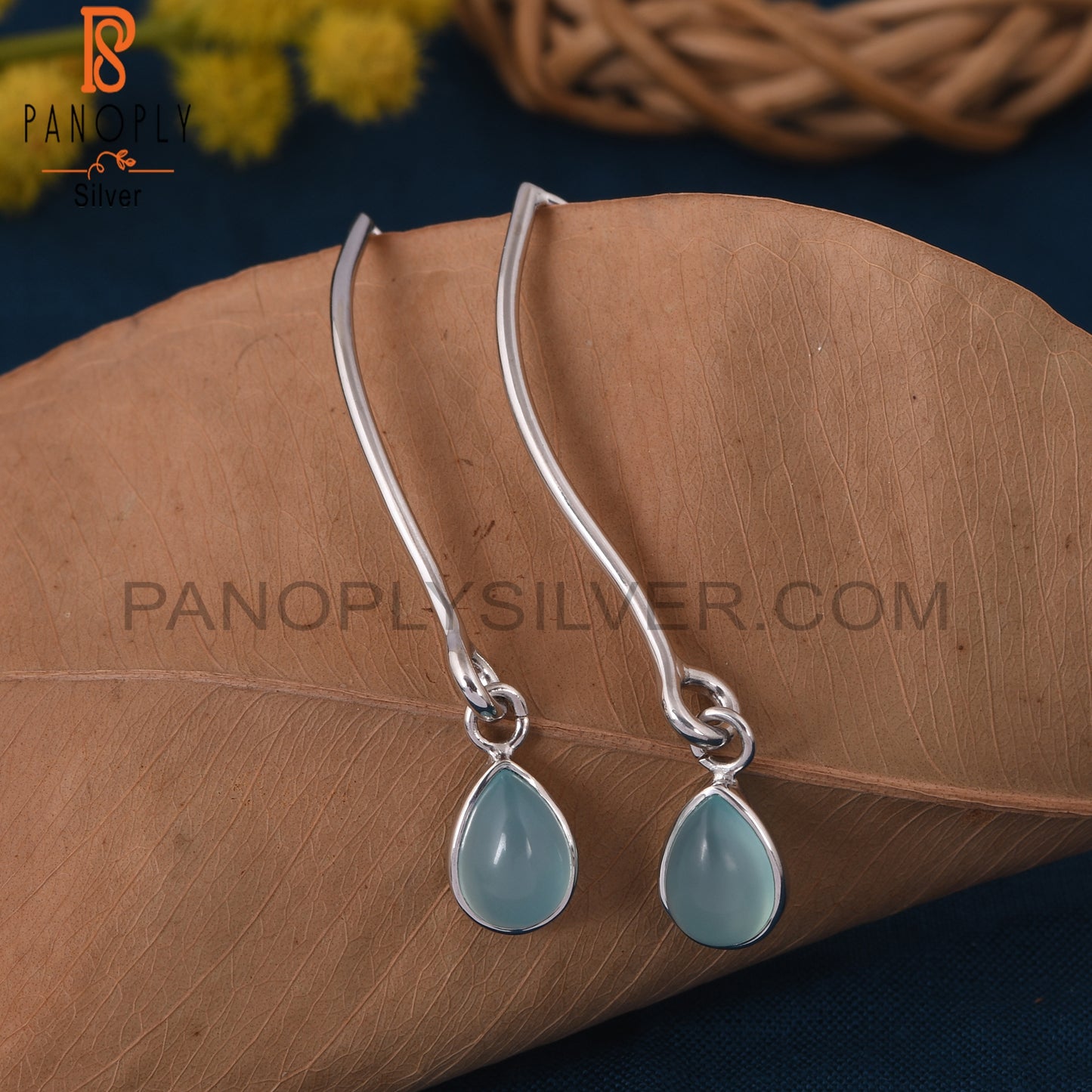 Aqua Chalcedony 925 Silver Dangle Hook Earrings