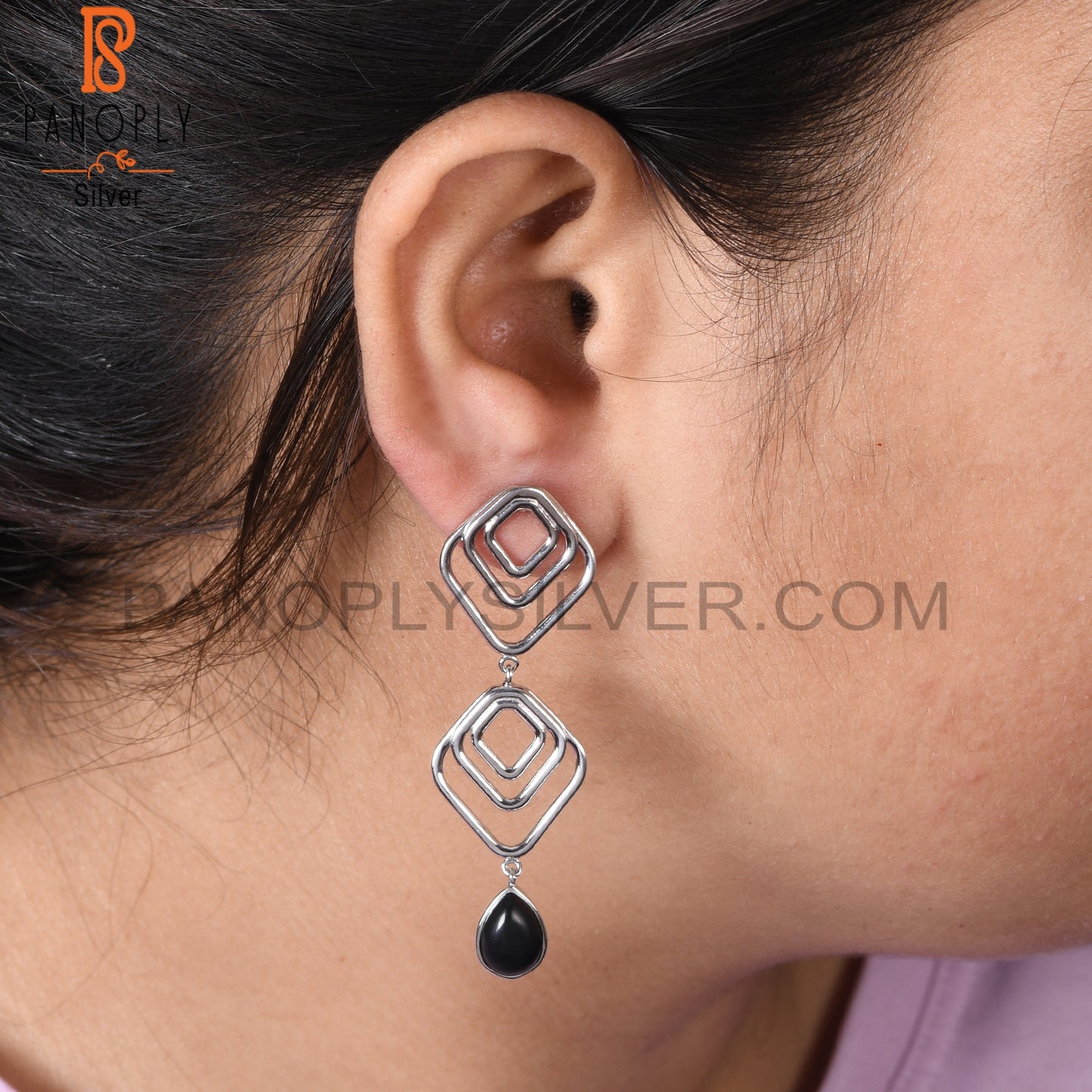 Black Onyx Gemstone 925 Silver White Rhoudim Plated Earrings