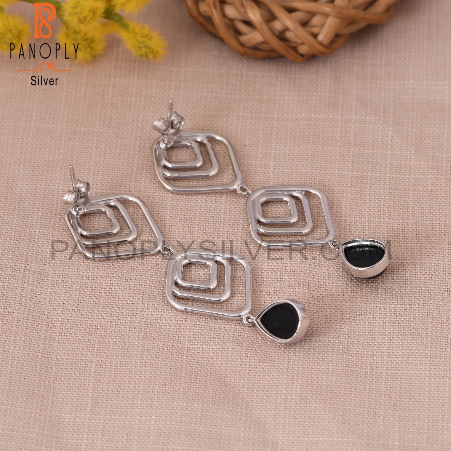 Black Onyx Gemstone 925 Silver White Rhoudim Plated Earrings