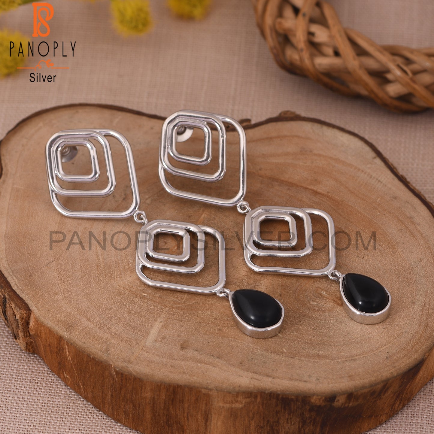 Black Onyx Gemstone 925 Silver White Rhoudim Plated Earrings