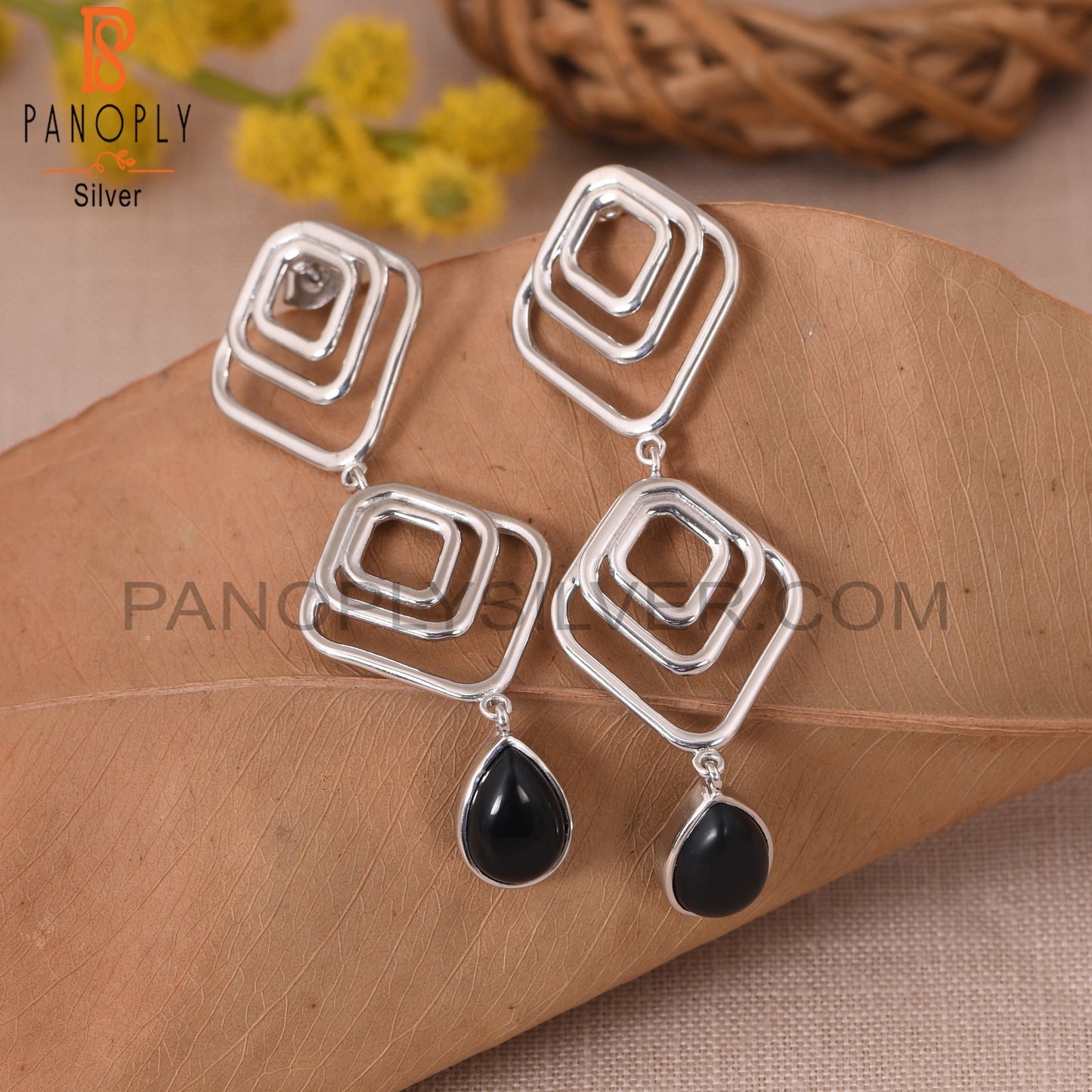 Black Onyx Gemstone 925 Silver White Rhoudim Plated Earrings
