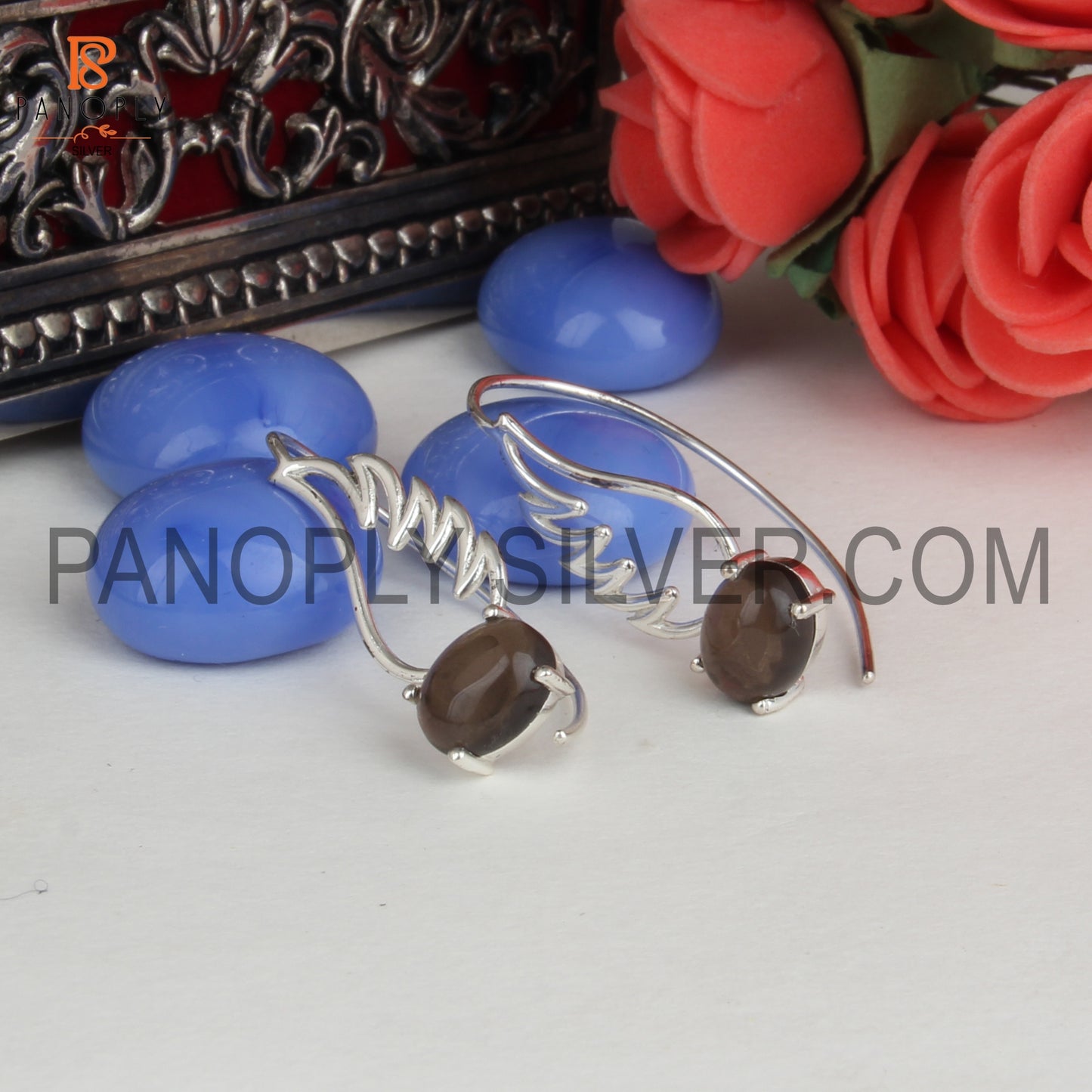 Angle Wing 925 Silver Smoky Quartz Earrings