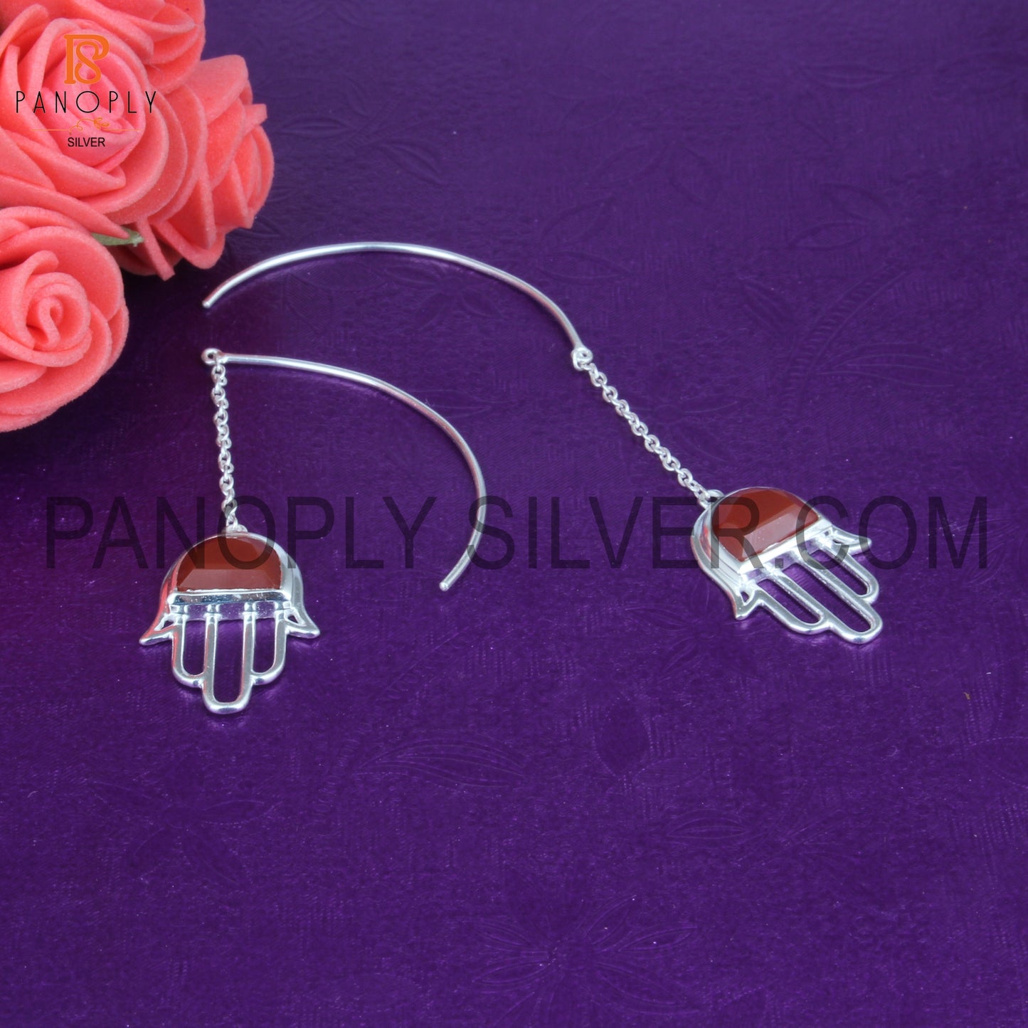 925 Silver Hamsa Symbol Chain Earrings