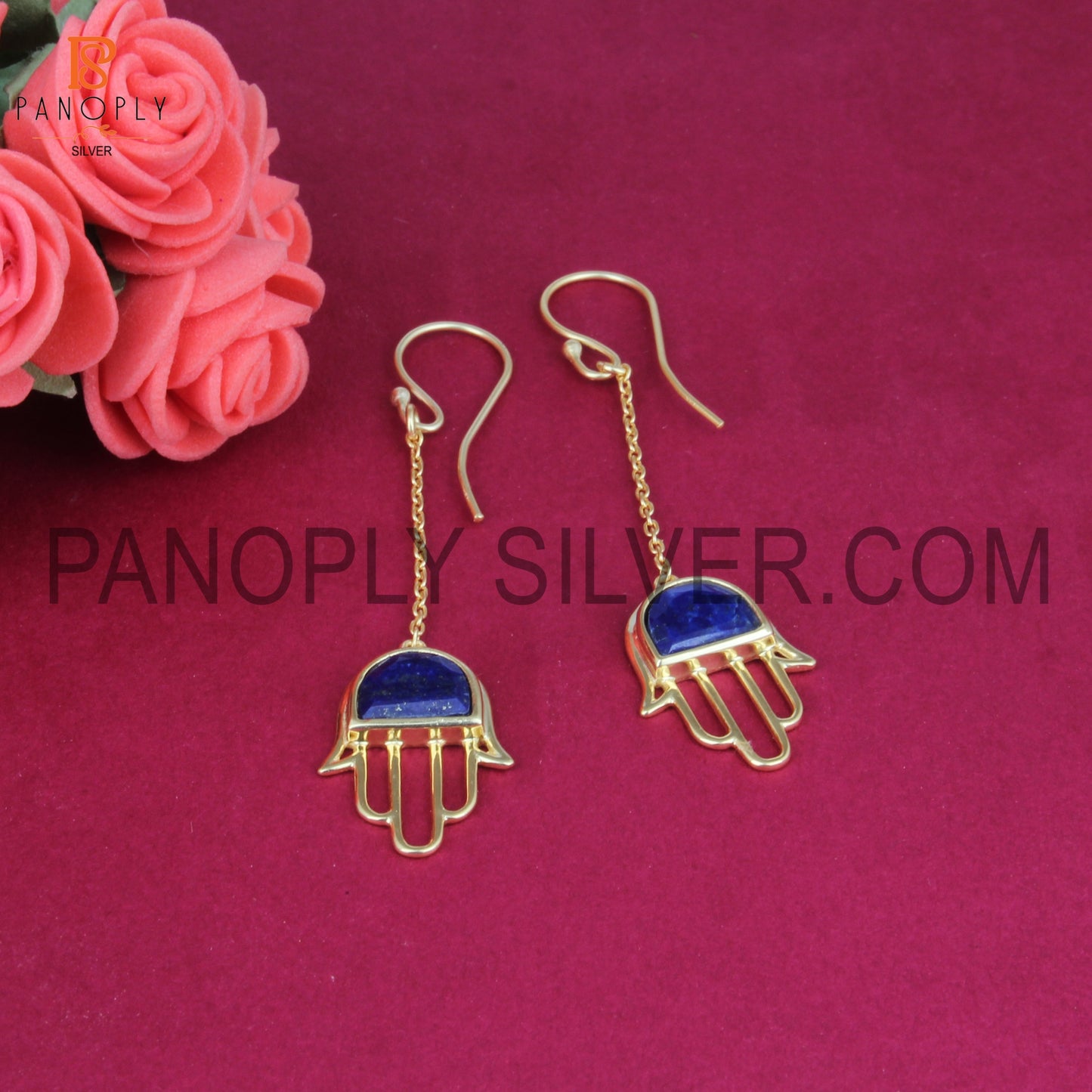 Handmade Hamsa Lapis Gemstone Chain Earings