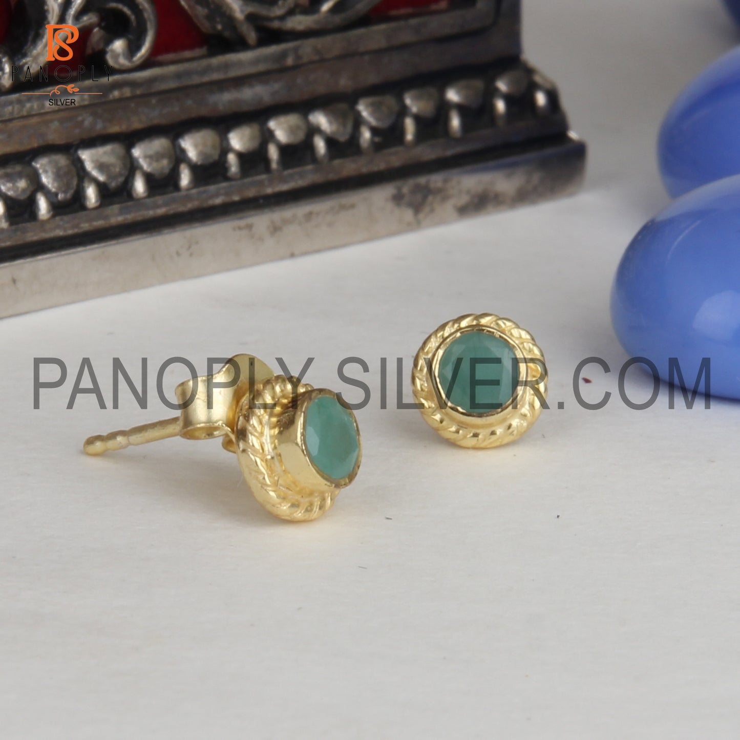 Gemstone Emerald Handmade Textured Stud Earrings
