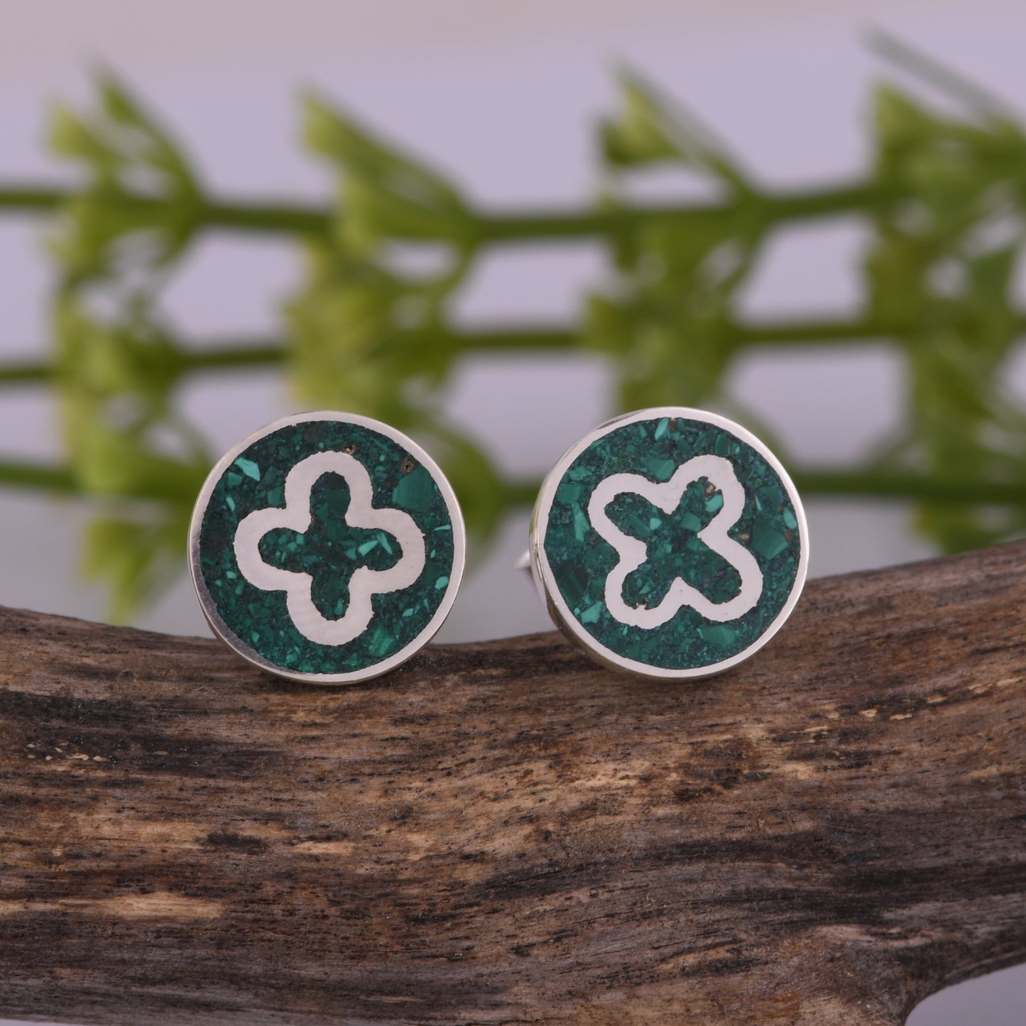 Simple Malachite Inlay 925 Stamp Sterling Silver Earrings