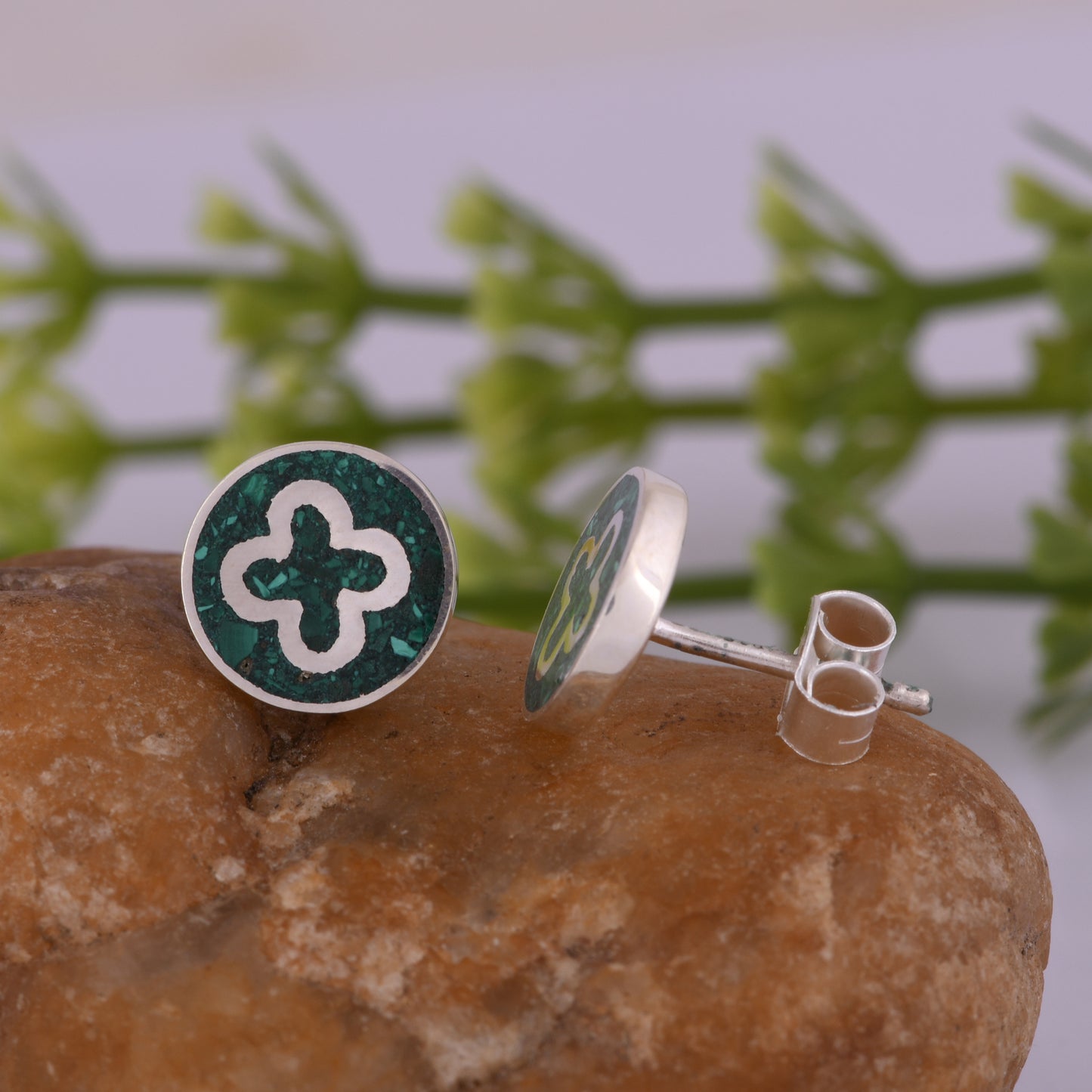 Simple Malachite Inlay 925 Stamp Sterling Silver Earrings
