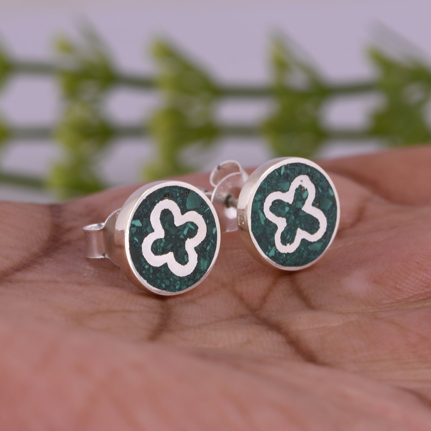 Simple Malachite Inlay 925 Stamp Sterling Silver Earrings