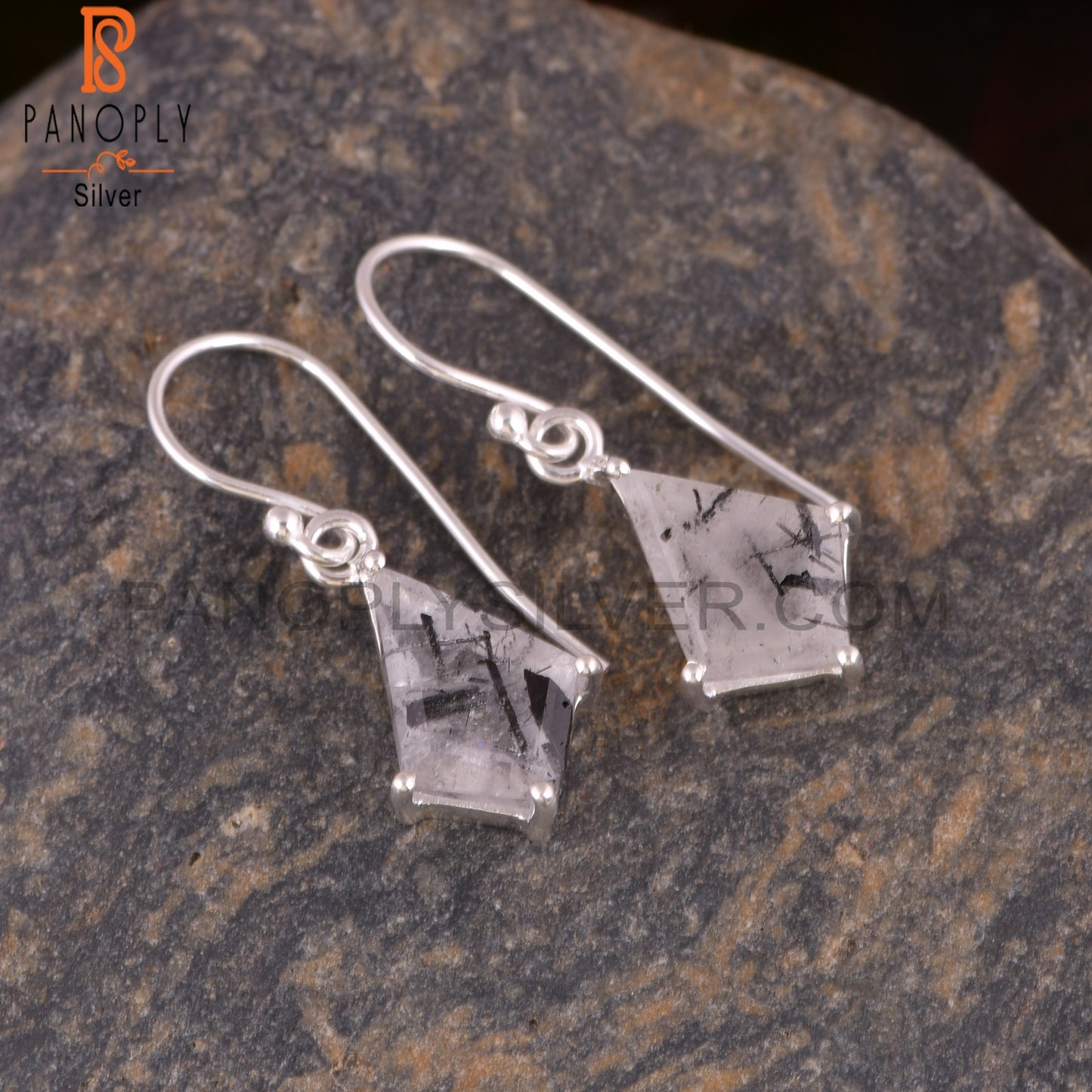 Black Rutile Set Fine Silver Kite Shape Drop Earrings
