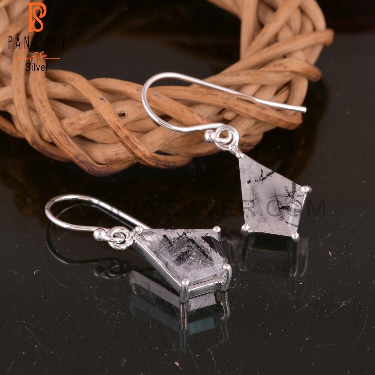 Black Rutile Set Fine Silver Kite Shape Drop Earrings